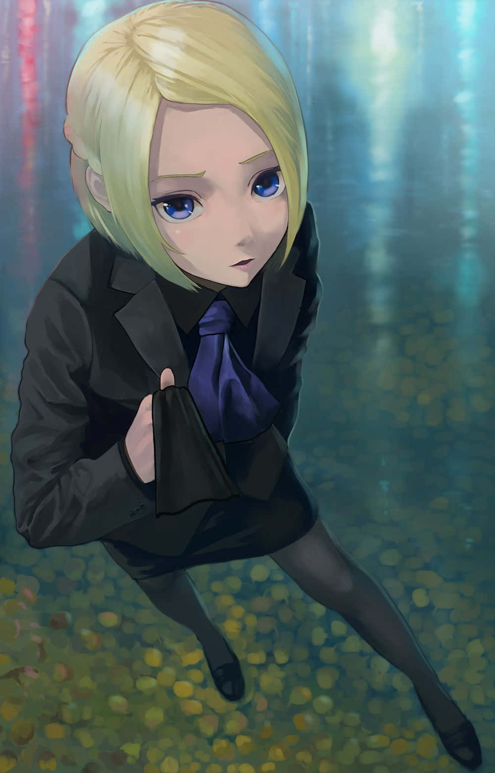 Kureo Mado 桌布 壁紙 — 一個金髮動漫女孩，身穿黑色西裝和紫色領帶，蹲在藍綠色水下的淺金幣池中。