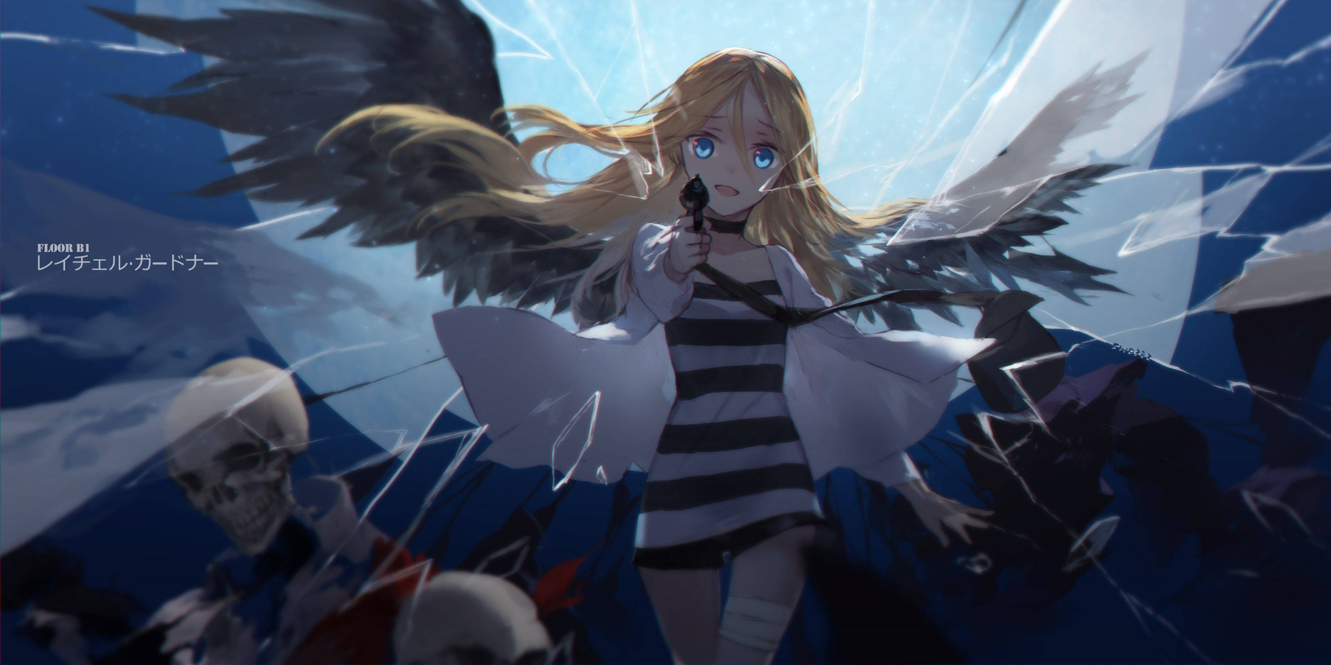 angels 桌布 壁紙 — 一個金髮動漫女孩，黑色翅膀，穿著條紋襯衫，在深藍色背景的碎玻璃後面拿著槍。