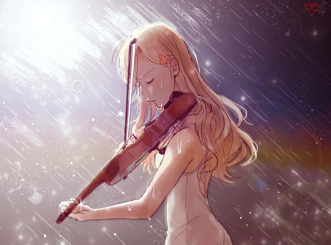 Your Lie In April 桌布 壁紙 — 一個金髮動漫女孩在星雨下演奏小提琴，周圍有發光的光束。