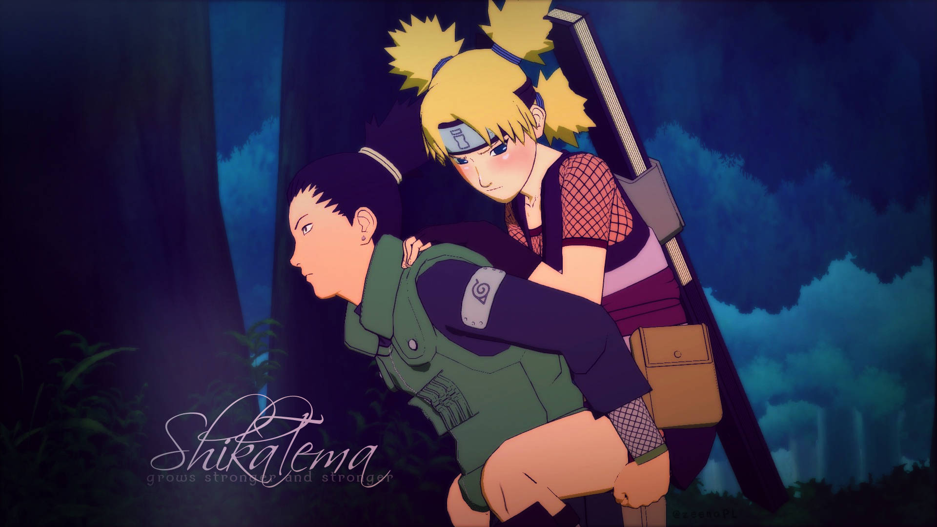 Shikamaru 桌布 壁紙 — 一個金髮動漫女孩在深藍色天空下，背著一個黑髮男孩穿過夜晚霧氣瀰漫的森林。