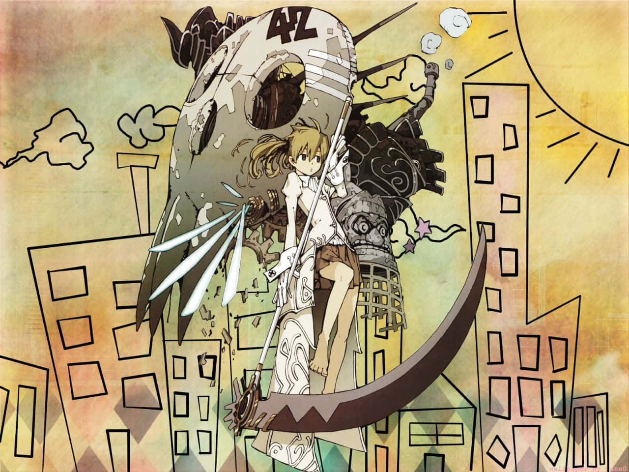 Soul Eater 桌布 壁紙 — 一個金髮動漫女孩在溫暖的陽光下，在風格化的城市建築中揮舞著一把巨大的鐮刀對抗機械怪物。
