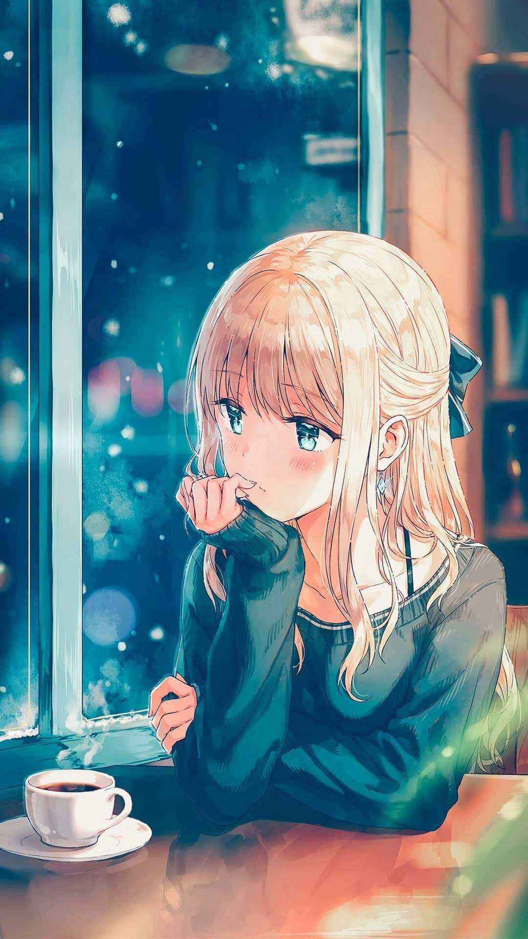 Sad Crying Anime 桌布 壁紙 — 一個金髮動漫女孩在舒適的咖啡館裡，望著飄雪的窗外，手裡拿著一杯熱氣騰騰的咖啡。