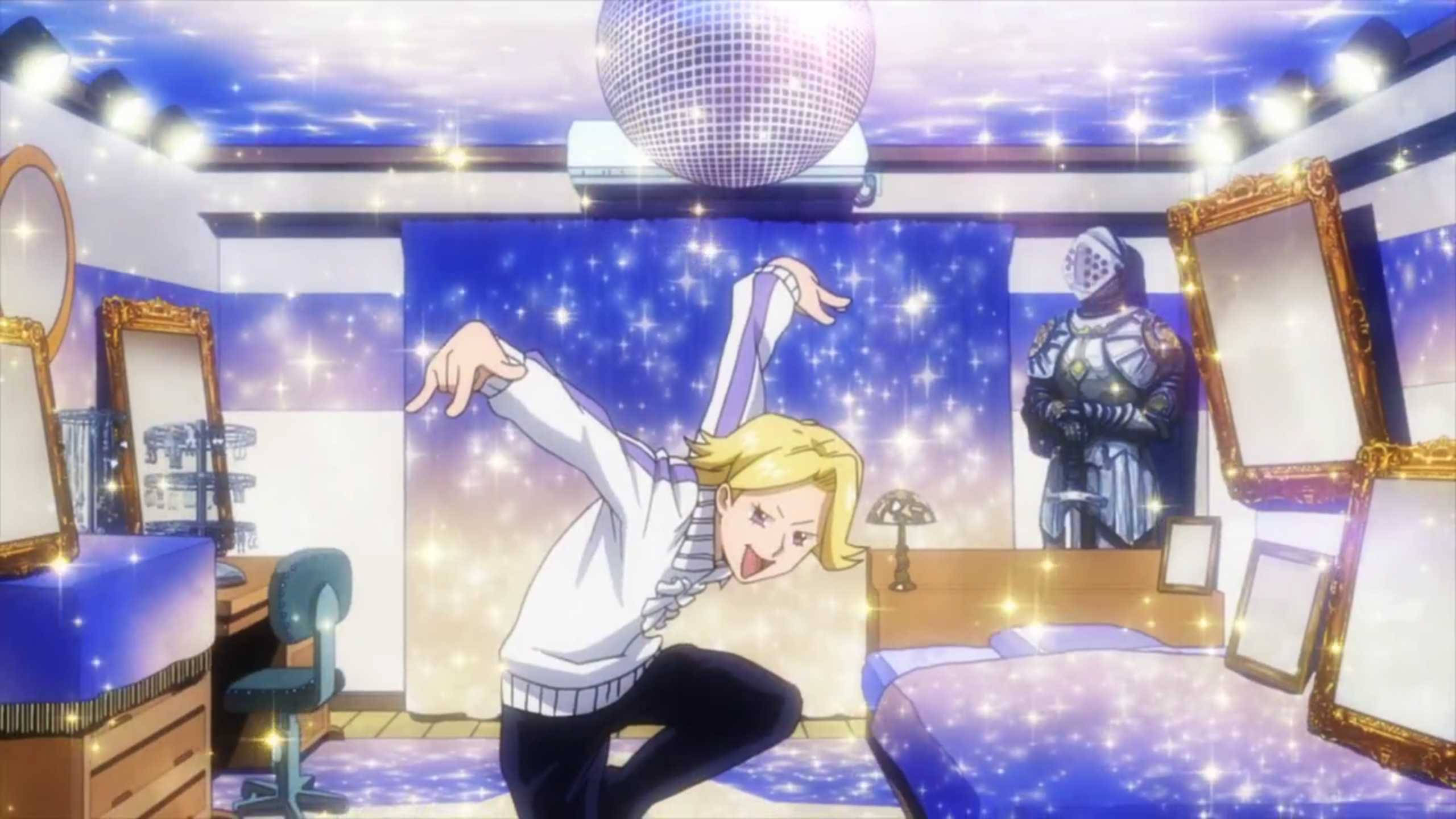 Bnha 桌布 壁紙 — 一個金髮動漫女孩在閃閃發光的藍色臥室裡快樂地跳舞，房間裡有迪斯科球和騎士雕像。