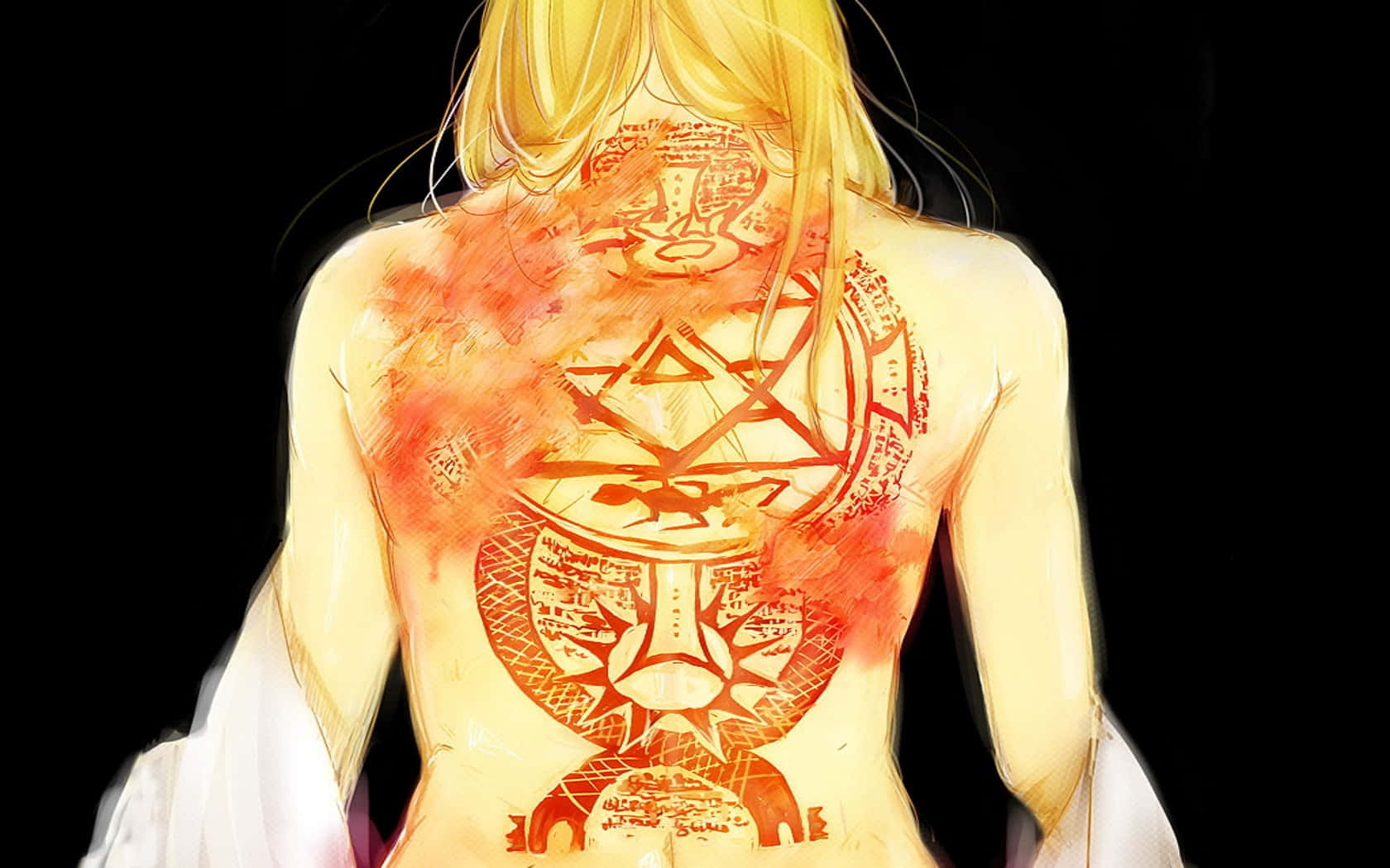 Riza Hawkeye 桌布 壁紙 — 一個金髮動漫女孩從背後觀看，發光的橙色神秘符號和文字覆蓋她的背部，背景是黑色虛空。