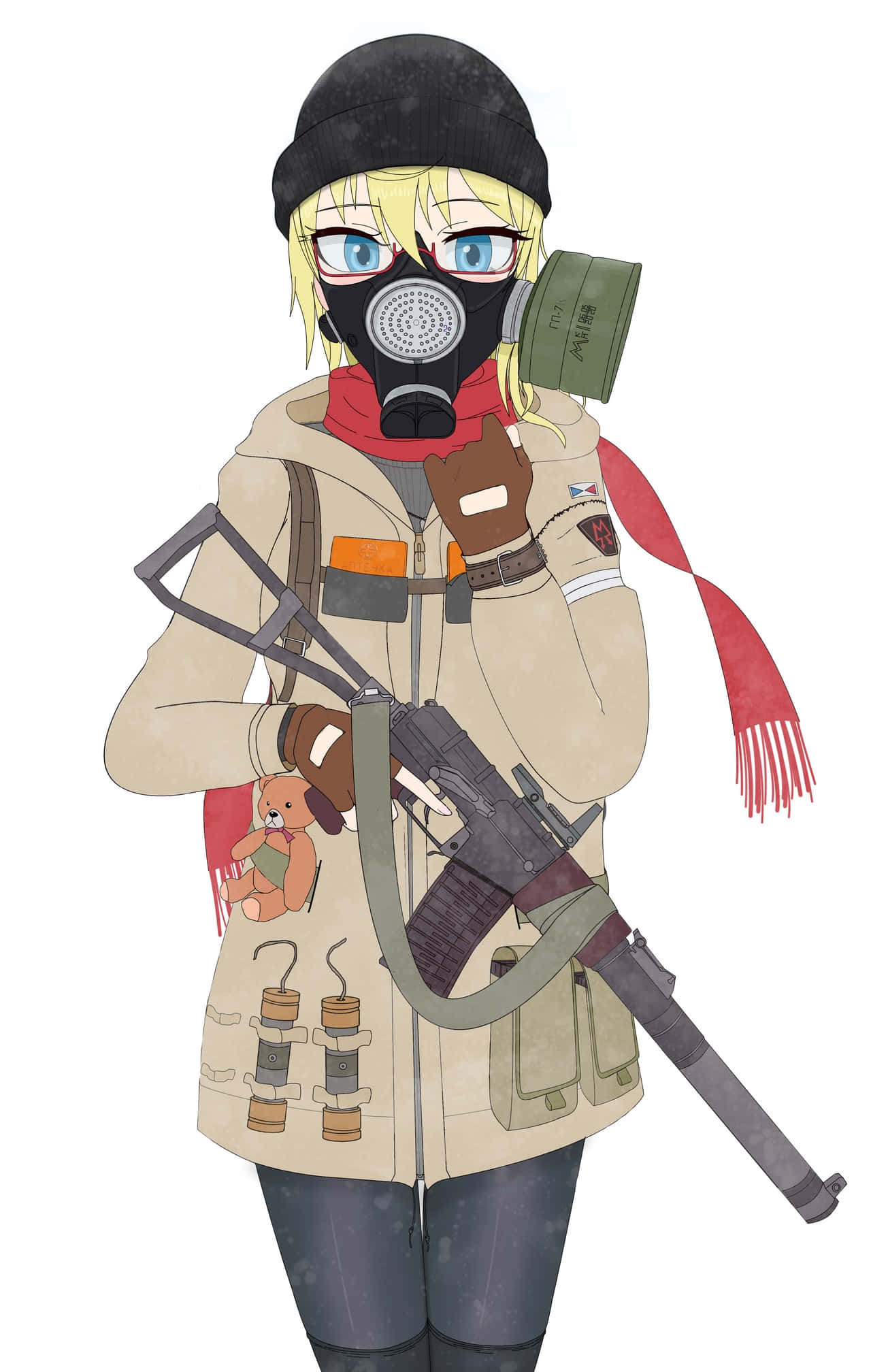 Metro 2033 桌布 壁紙 — 一個金髮動漫女孩戴著防毒面具和冬季裝備，手持步槍，同時緊抱一隻泰迪熊，背景是純白色。