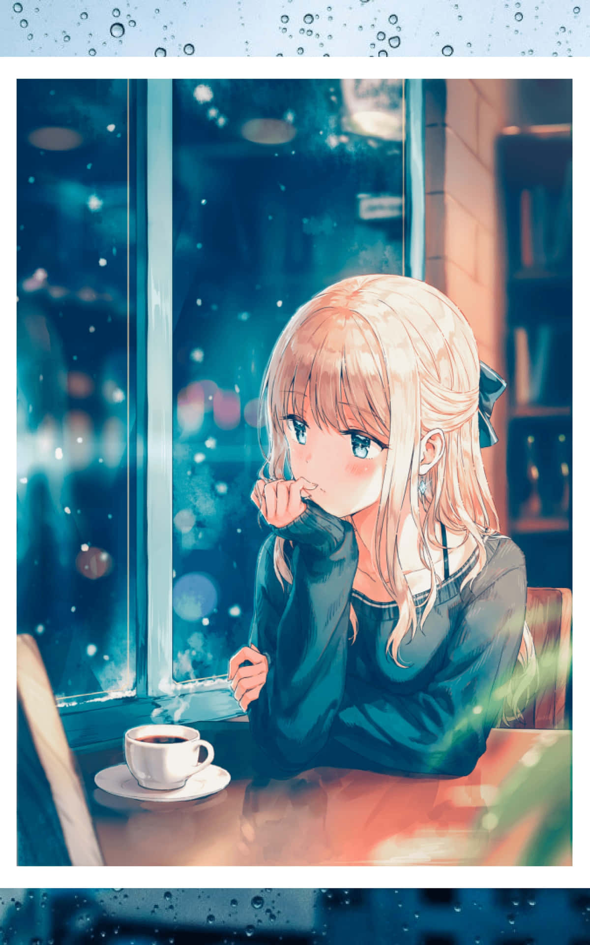  壁紙 — 一個金髮動漫女孩獨自坐在下雨的咖啡館裡，望著窗外飄落的雪花，一邊喝著咖啡。