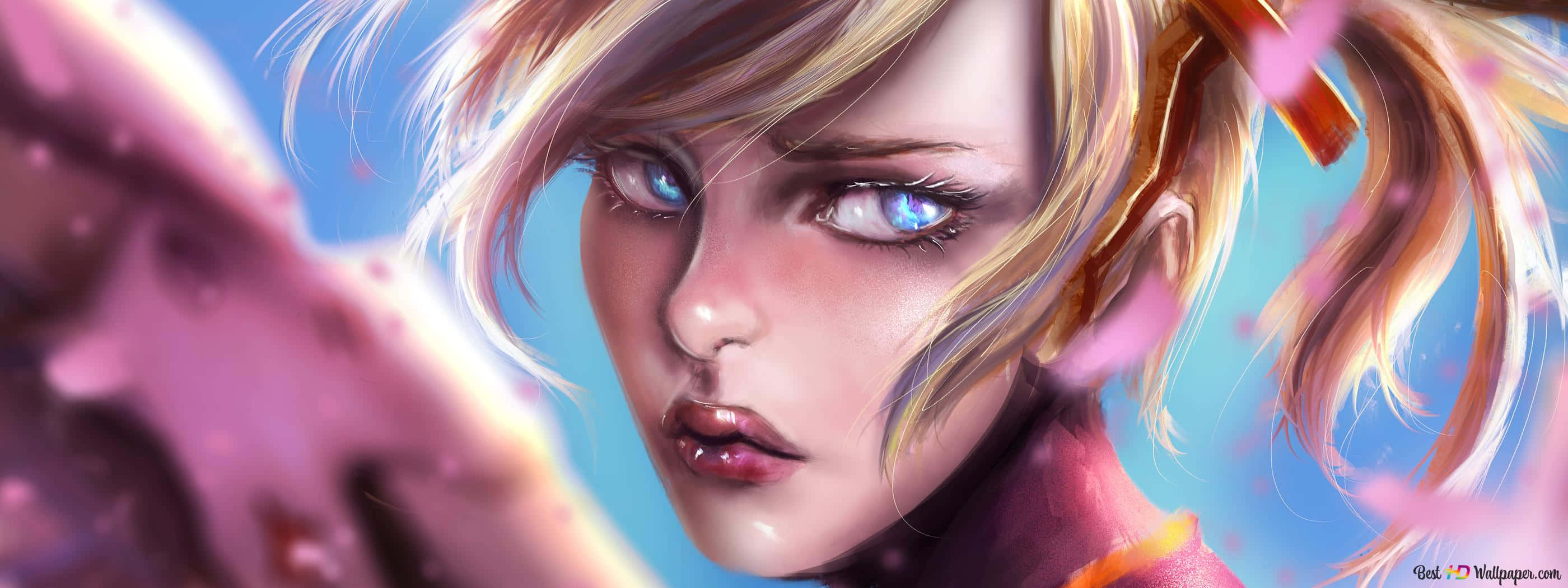 Mercy Overwatch 桌布 壁紙 — 一個金髮動漫女孩的特寫，她擁有發光的藍色眼睛，粉紅色的花瓣在她臉龐周圍旋轉，背景是明亮的藍色。