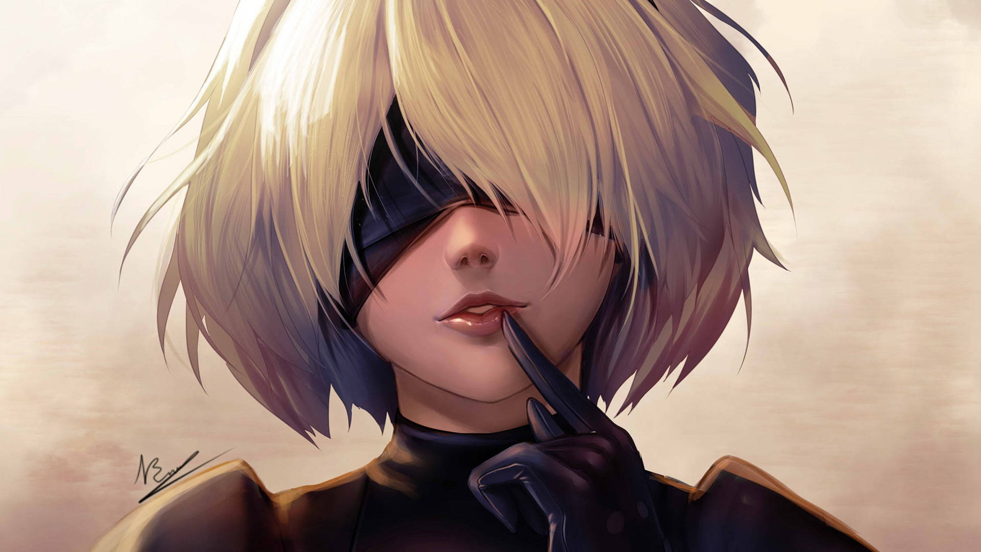 Nier Automata 4K 桌布 壁紙 — 一個金髮動漫女孩的特寫，戴著黑色眼罩，戴手套的手靠近嘴唇，背景是柔和的米色。