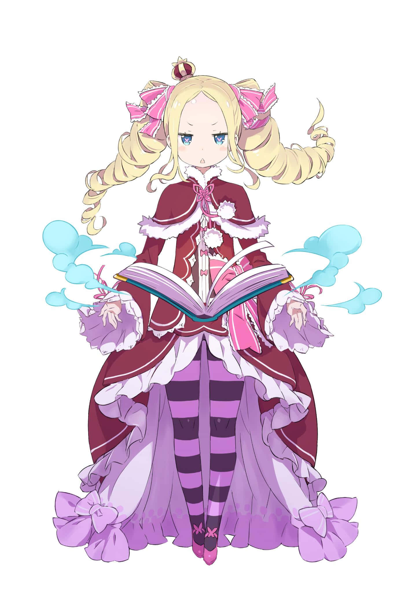Re Zero Beatrice 桌布 壁紙 — 一個金髮動漫女孩穿著栗色和紫色的荷葉邊連衣裙，讀著一本發光的書，藍色魔法煙霧在她周圍旋轉。