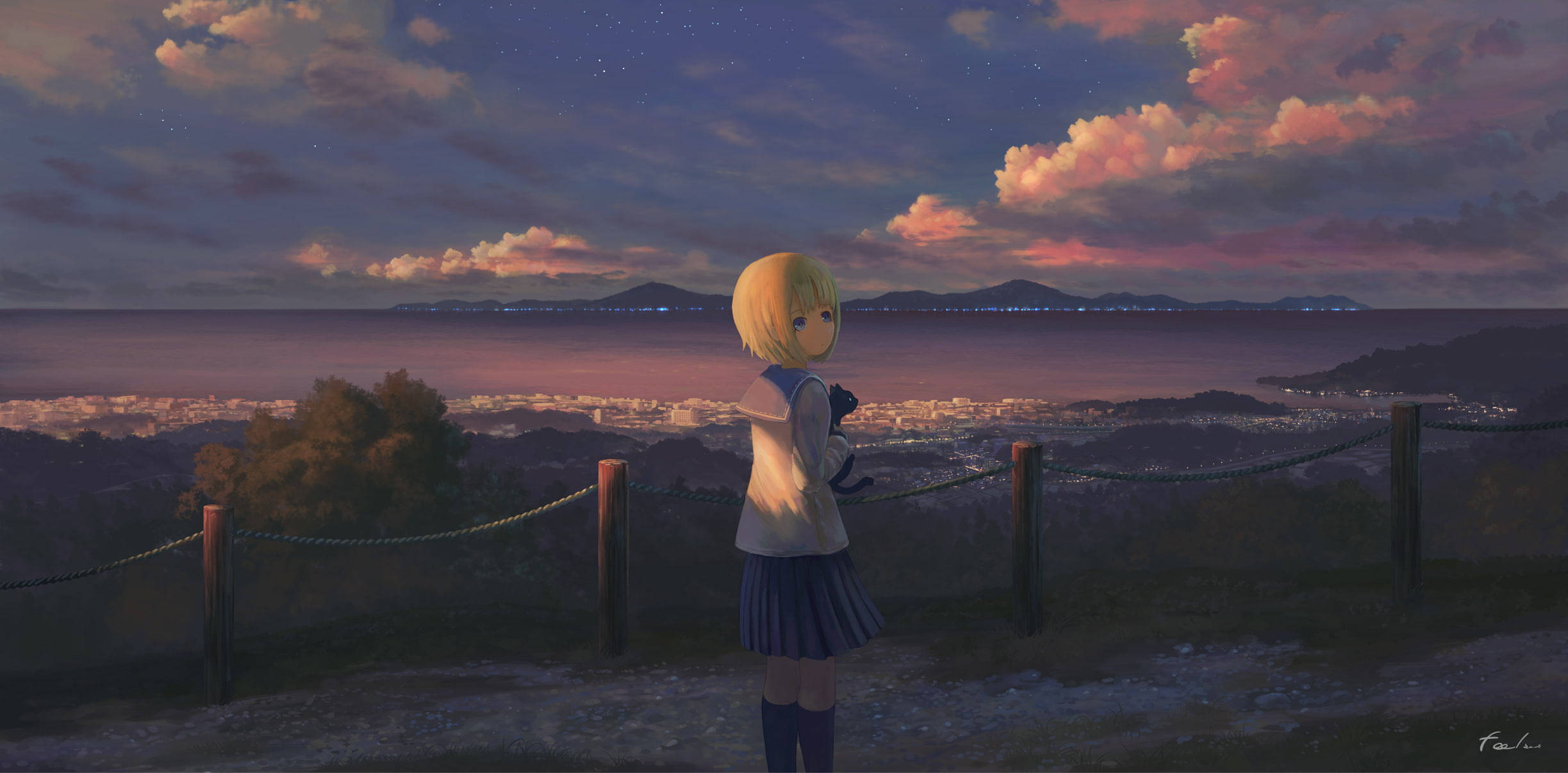 鄉村 桌布 壁紙 — 一個金髮動漫女孩穿著校服，凝視著暮色天空下的城市景觀，天空中有粉紅色的雲和遙遠的星星。