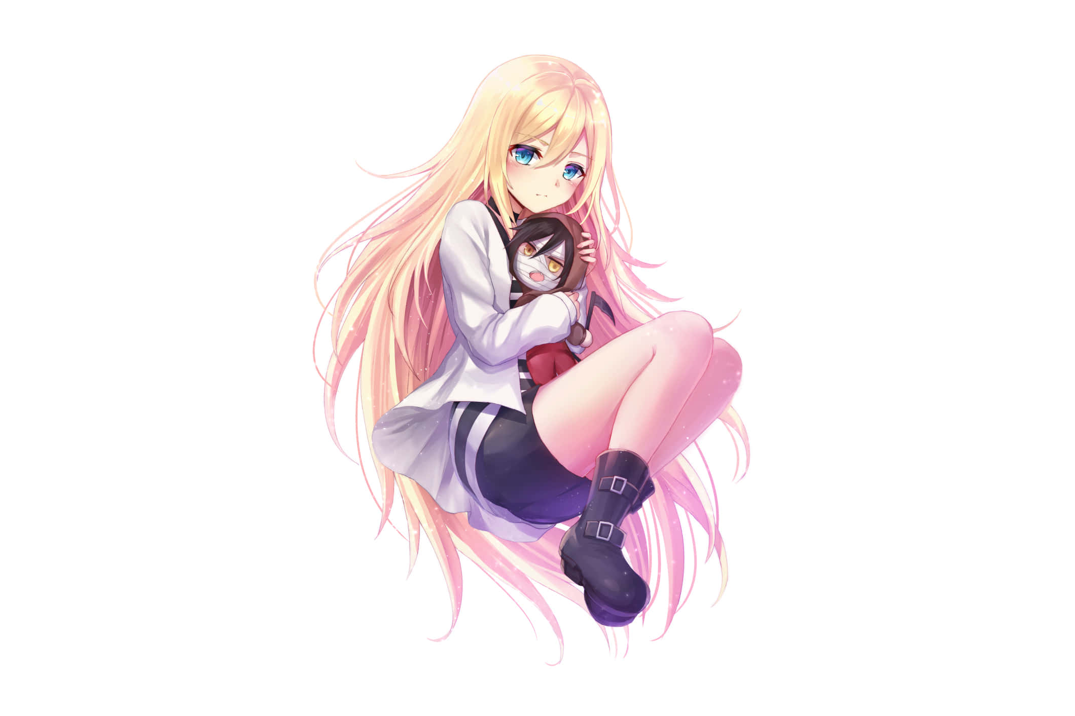 殺戮天使 桌布 壁紙 — 一個金髮動漫女孩穿著校服，在純白色背景前擁抱一個較小的黑髮女孩。