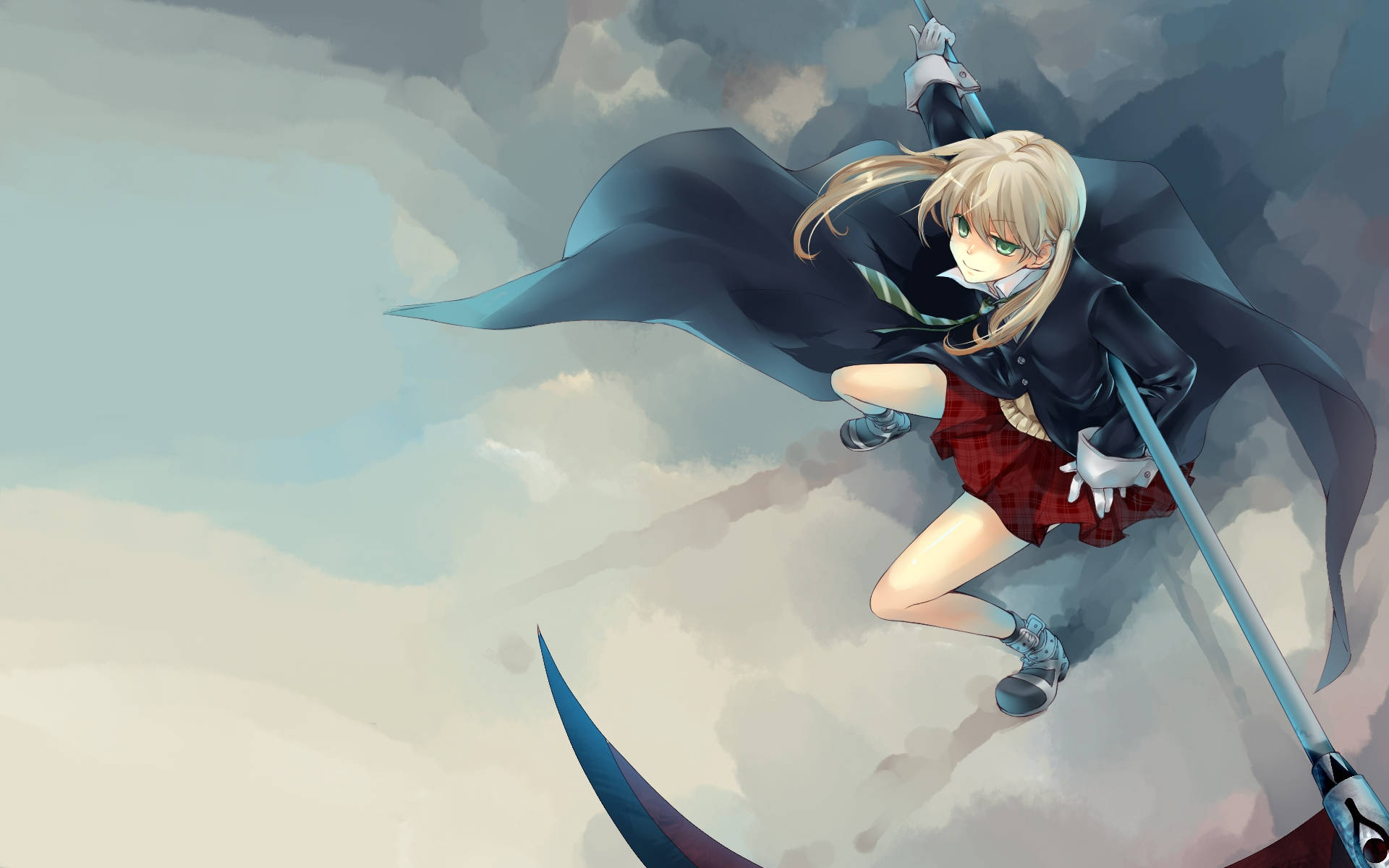 Soul Eater Characters 桌布 壁紙 — 一個金髮動漫女孩穿著校服，揮舞著鐮刀，披著飄逸的黑色斗篷，在暴風雲中翱翔。