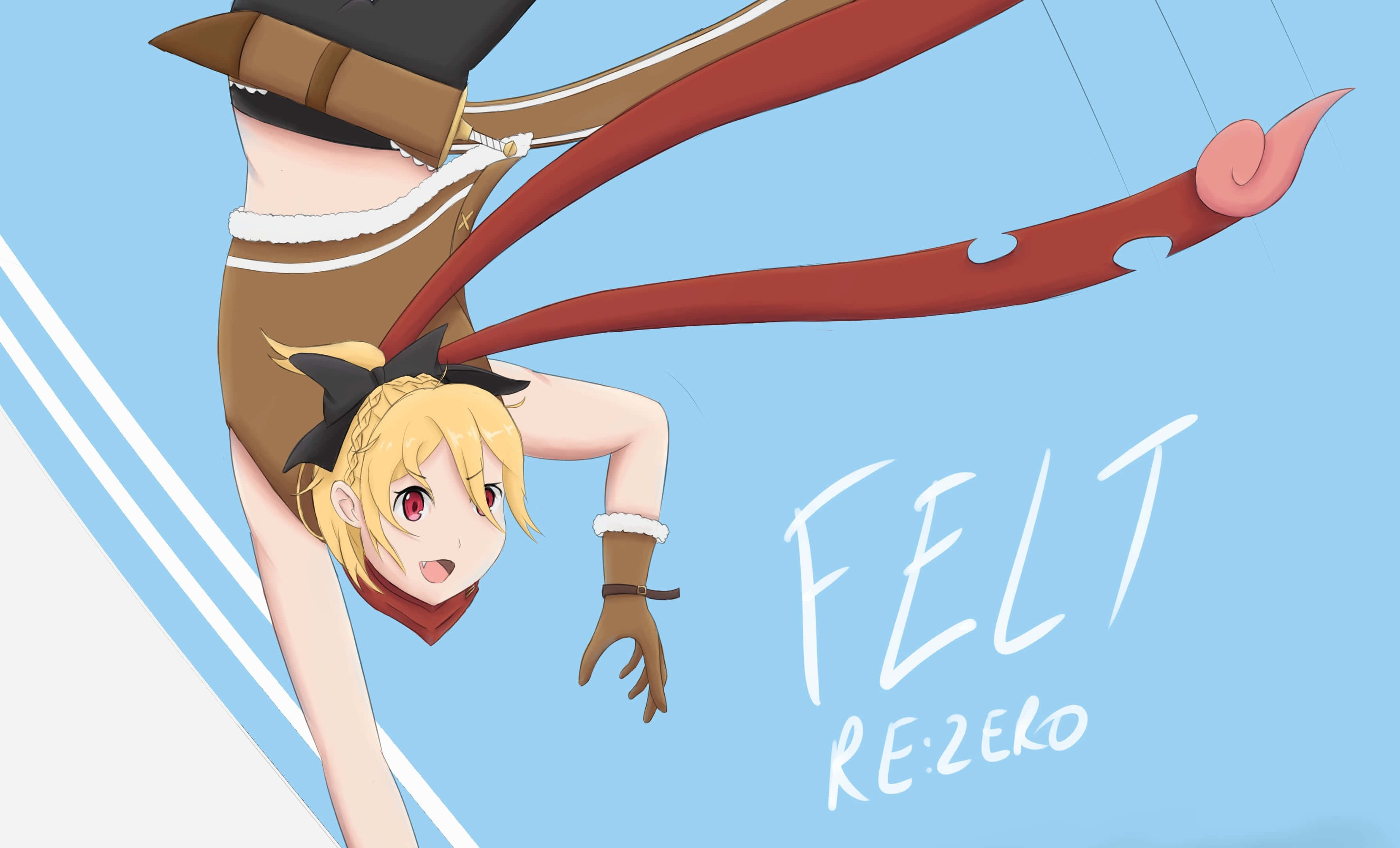 Re Zero Felt 桌布 壁紙 — 一個金髮動漫女孩穿著棕色和紅色的服裝，倒掛在淺藍色背景上，帶有「FELT」和「RE:ZERO」文字。
