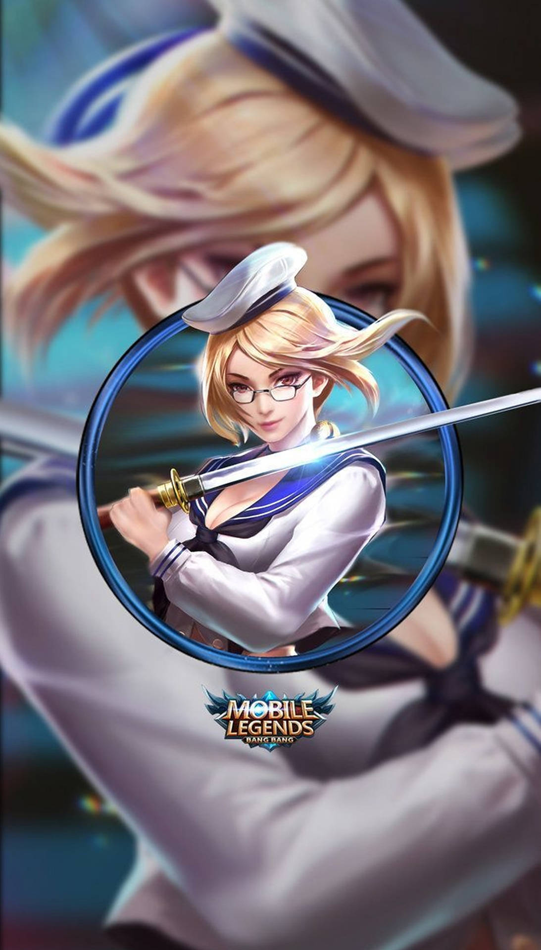 Mobile Legends 動態圖 桌布 壁紙 — 一個金髮動漫女孩穿著水手服，在模糊背景的藍色圓形框架內揮舞著發光的劍。