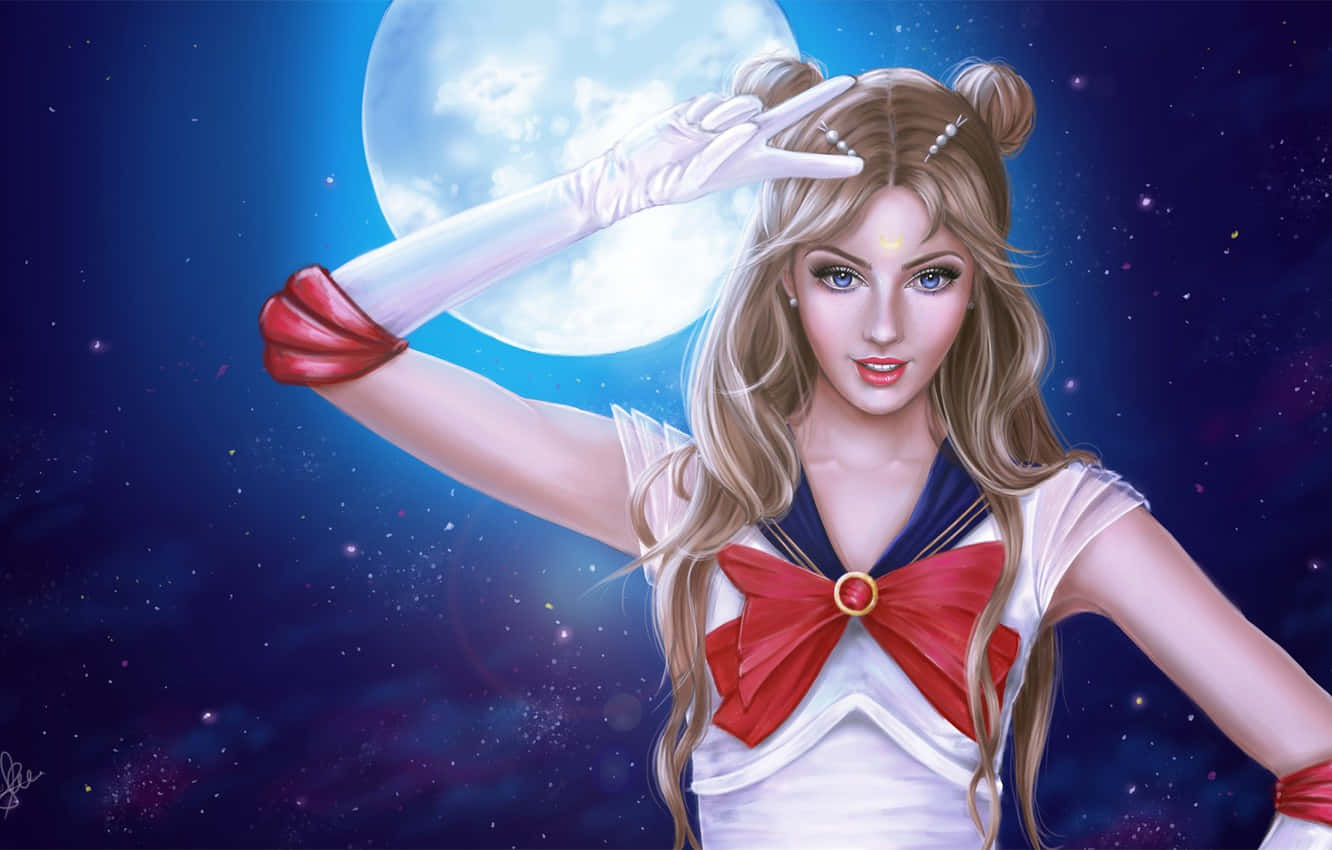 美少女戰士 桌布 壁紙 — 一個金髮動漫女孩穿著水手服，在繁星點點的夜空下自信地擺姿勢，身後有一輪巨大的發光月亮。