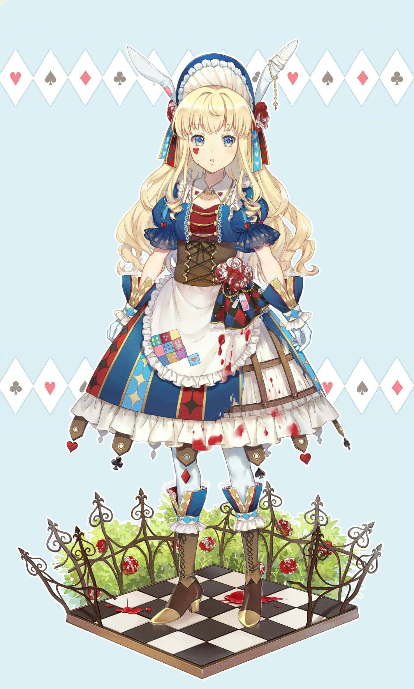 Alice Wonderland Aesthetic 桌布 壁紙 — 一個金髮動漫女孩穿著沾血的女僕裝，站在一個帶有裝飾圍欄和撲克牌圖案的棋盤上。