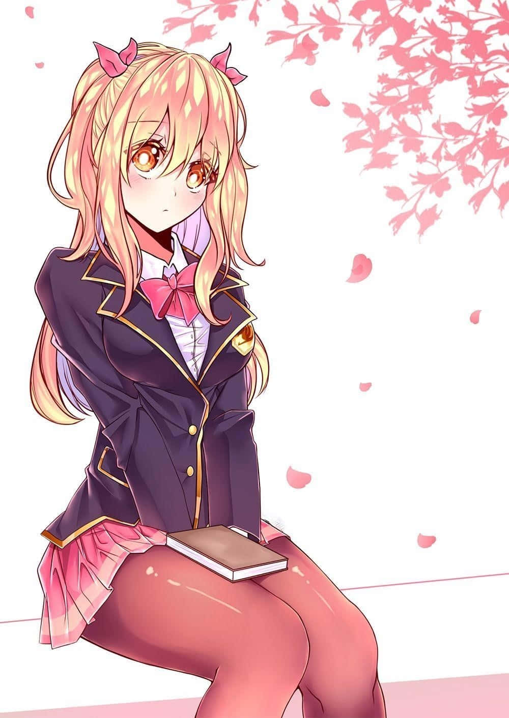 lucy heartfilia 桌布 壁紙 — 一個金髮動漫女孩穿著深色校服，搭配粉紅色蝴蝶結和裙子，坐在飄落的櫻花下拿著一本書。