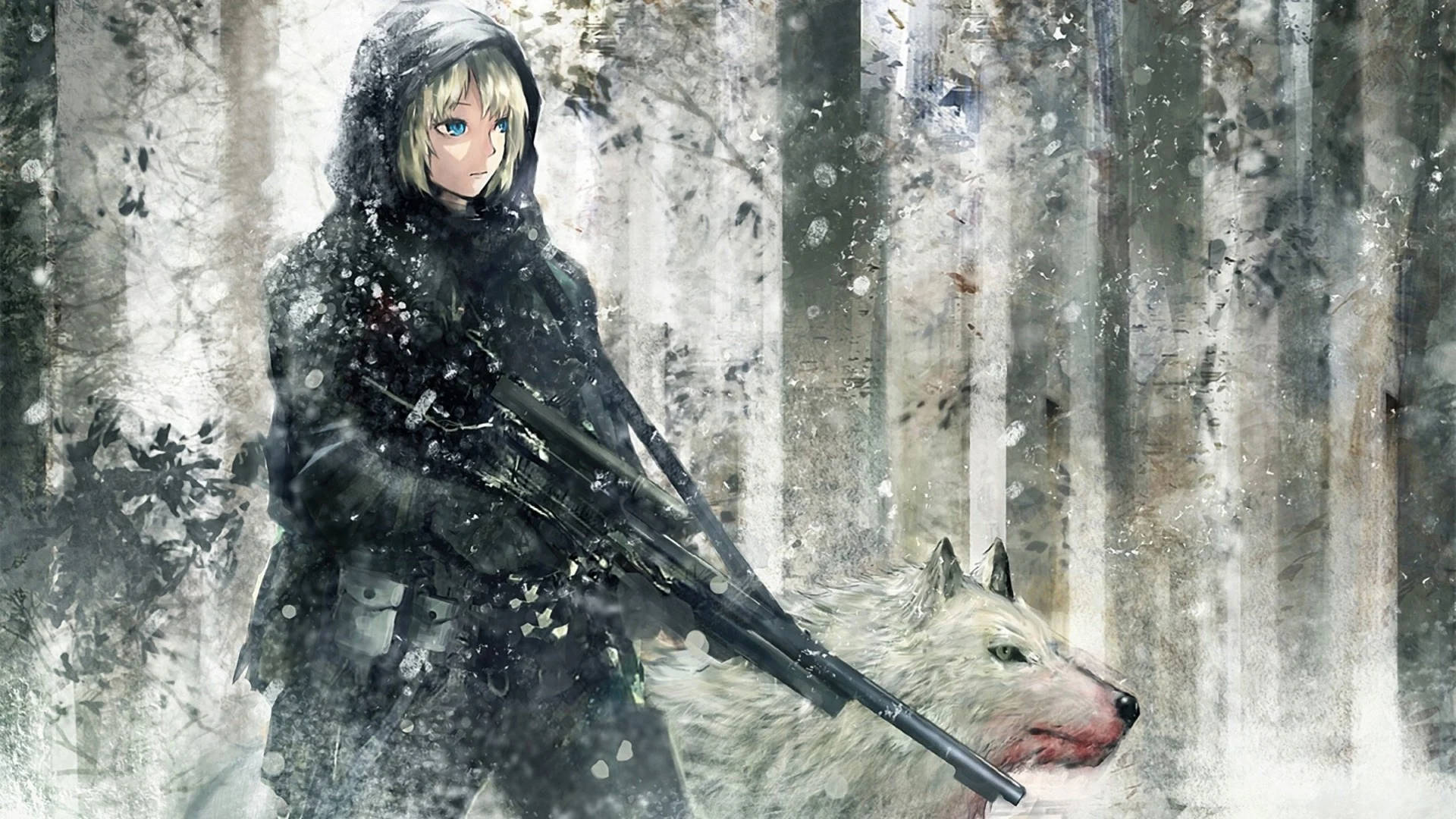 狼少女 桌布 壁紙 — 一個金髮動漫女孩穿著深色連帽外套，在雪地森林中拿著步槍，旁邊有一隻白狼。