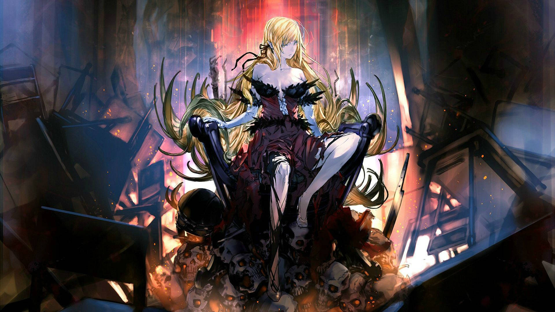 Monogatari 桌布 壁紙 — 一個金髮動漫女孩穿著深色連衣裙，坐在頭骨和破爛家具上，身處火海混亂的廢墟中。