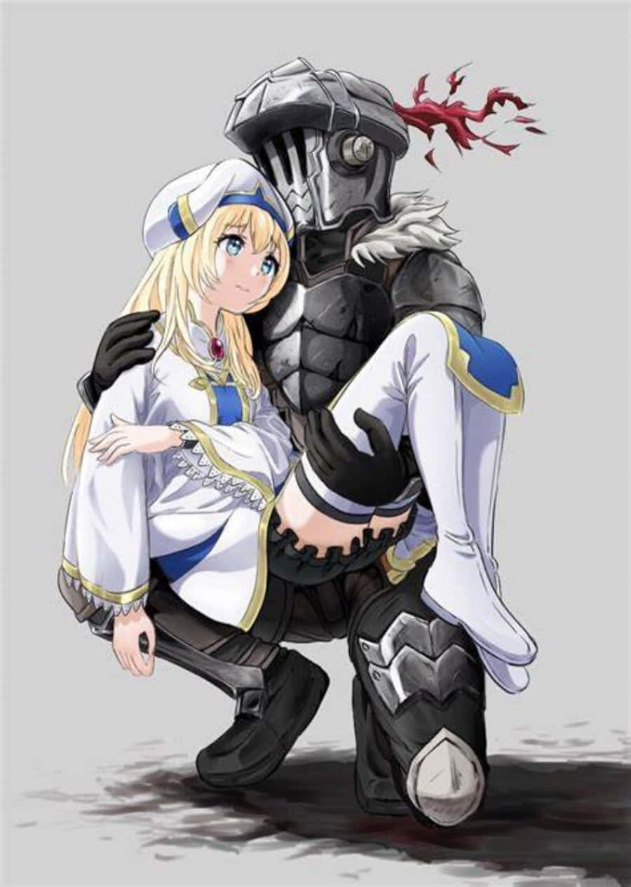 Goblin Slayer 桌布 壁紙 — 一個金髮動漫女孩穿著白色和藍色制服，擁抱一個跪著的盔甲騎士，他的頭盔爆發出紅色能量。
