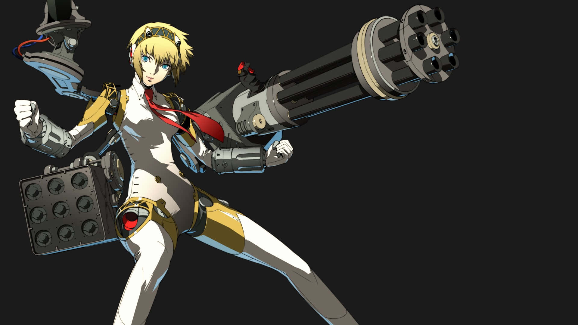 Anime Character 桌布 壁紙 — 一個金髮動漫女孩穿著白色和金色的裝備，在黑暗背景下揮舞著一把巨大的多管槍。