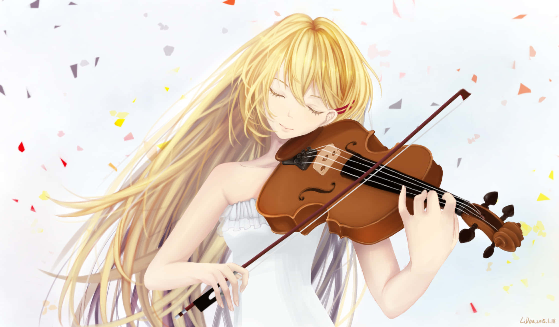 Your Lie In April 桌布 壁紙 — 一個金髮動漫女孩穿著白色連衣裙，在彩色紙屑飄落時拉小提琴。