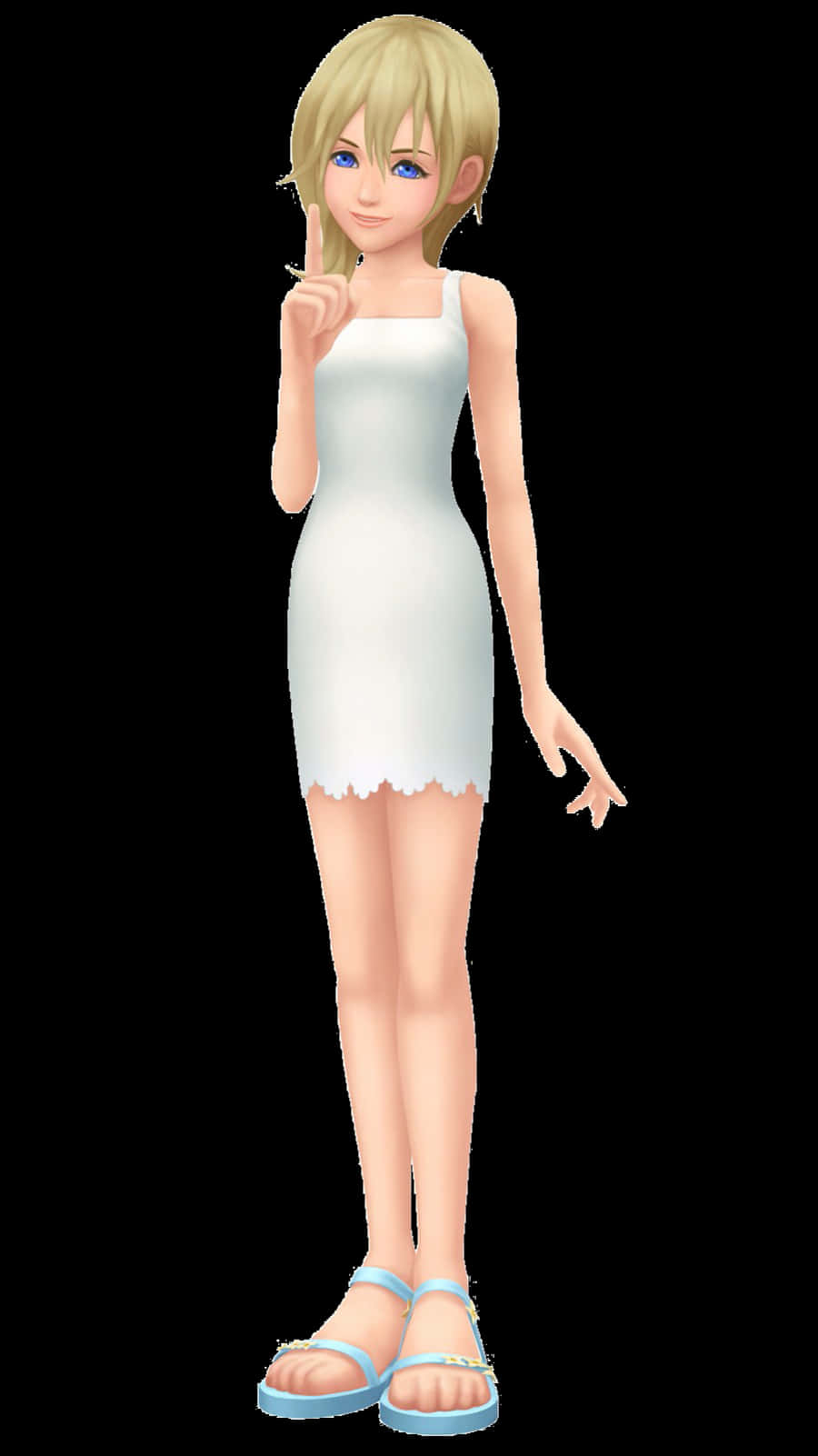 Kingdom Hearts Namine 桌布 壁紙 — 一個金髮動漫女孩穿著白色連衣裙和藍色涼鞋，在黑色背景前豎起一根手指。