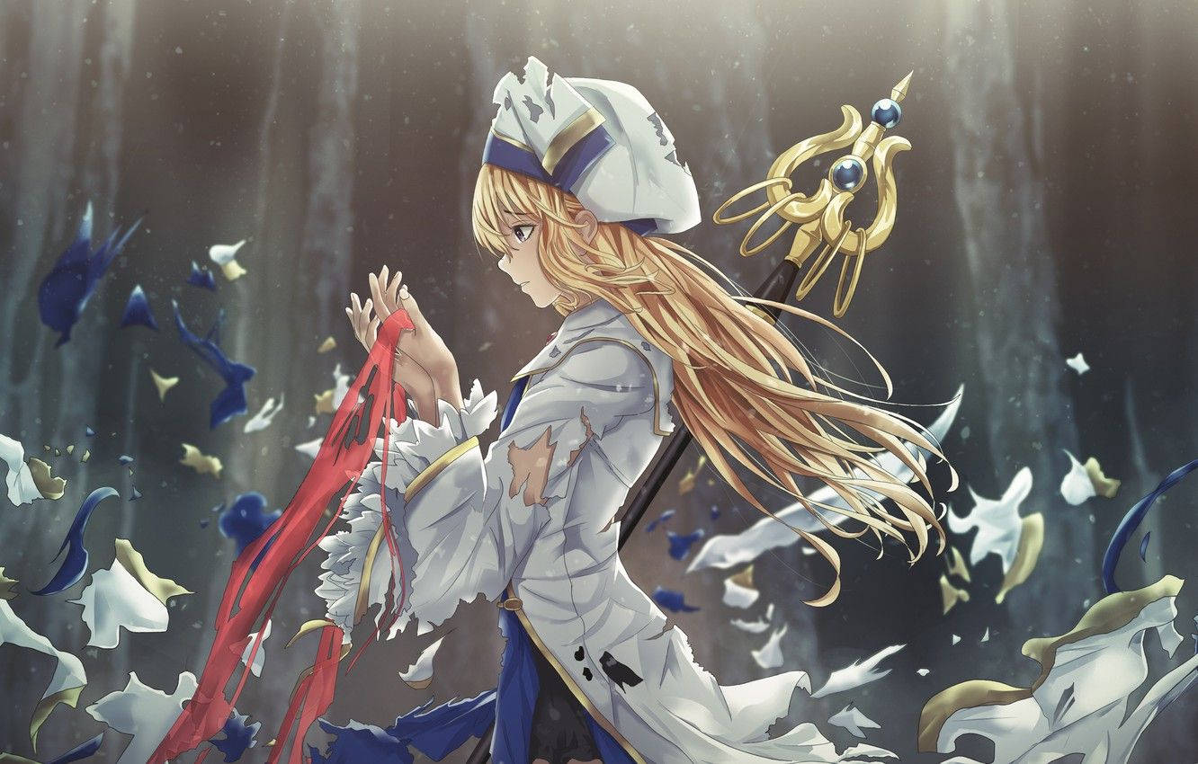 Goblin Slayer 桌布 壁紙 — 一個金髮動漫女孩穿著破爛的白色制服，手持紅色絲帶，藍色和白色的碎片在她周圍旋轉，場面戲劇化。