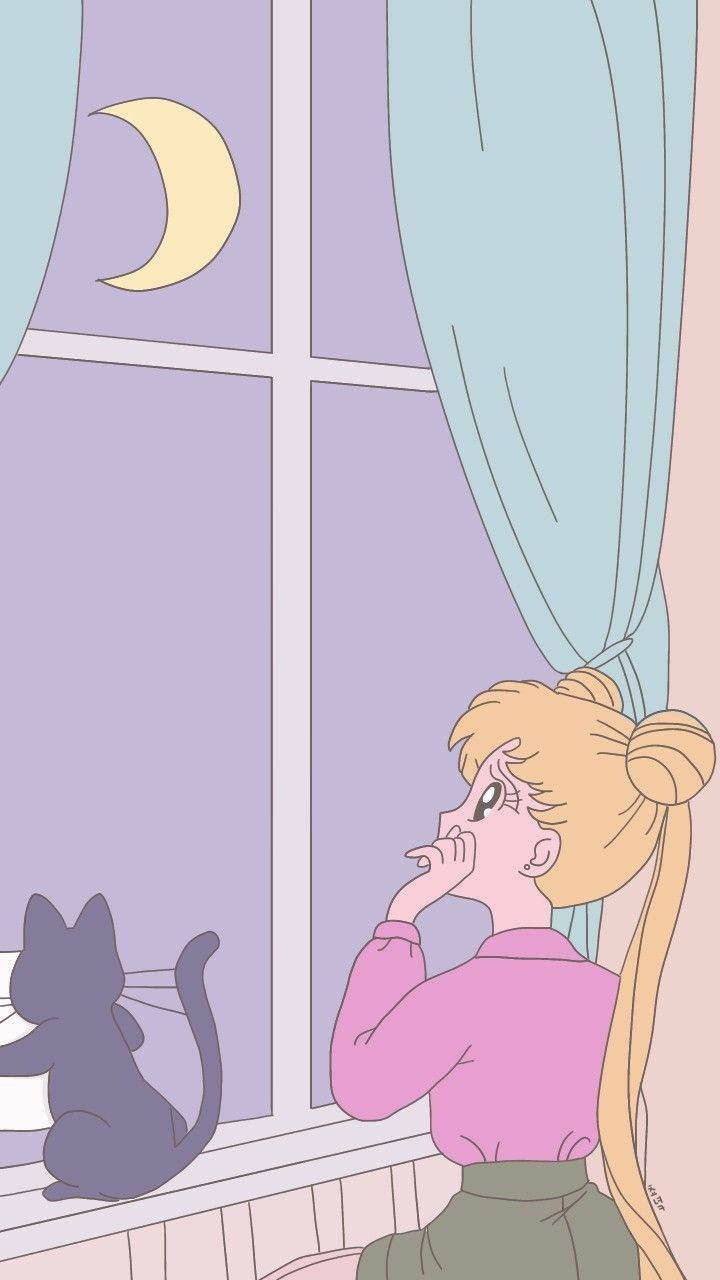 動漫女孩和貓咪在夜晚望著窗外的彎月。 — 柔和美學 GIF 壁紙
