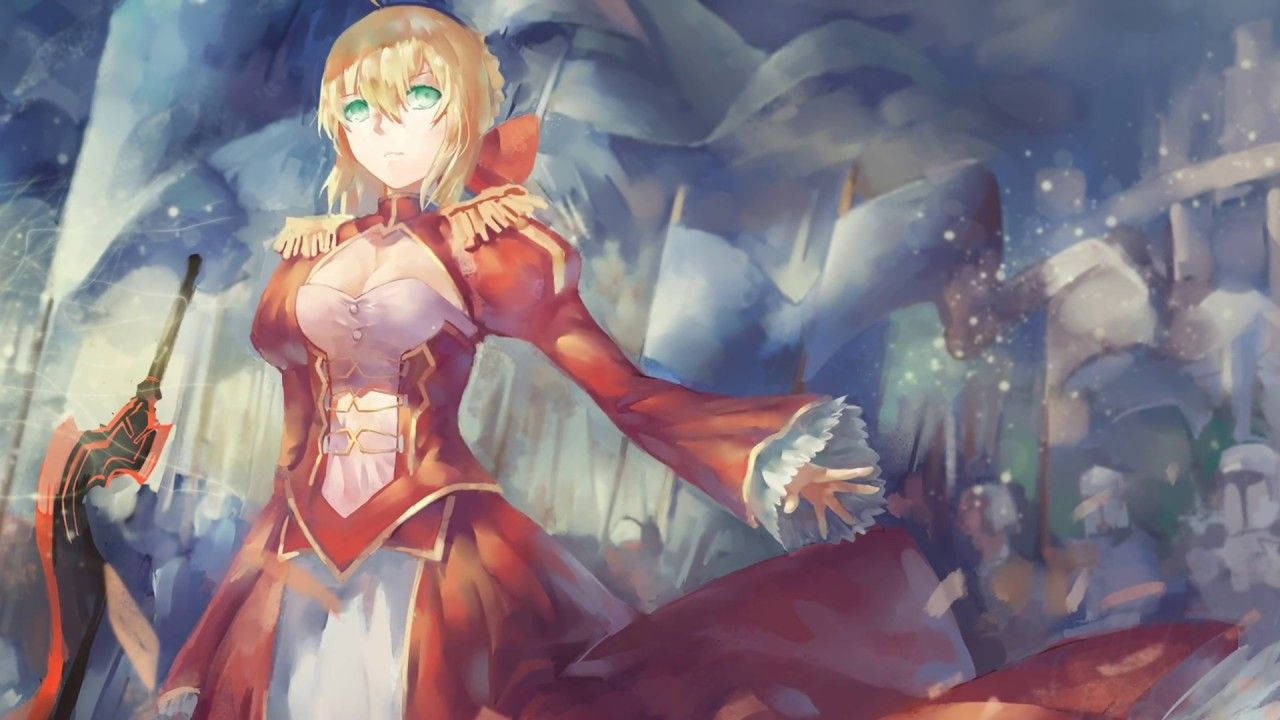 命運 桌布 壁紙 — 一個金髮動漫女孩穿著紅白相間的奇幻服裝，在冰雪背景中手持劍，周圍有發光粒子。