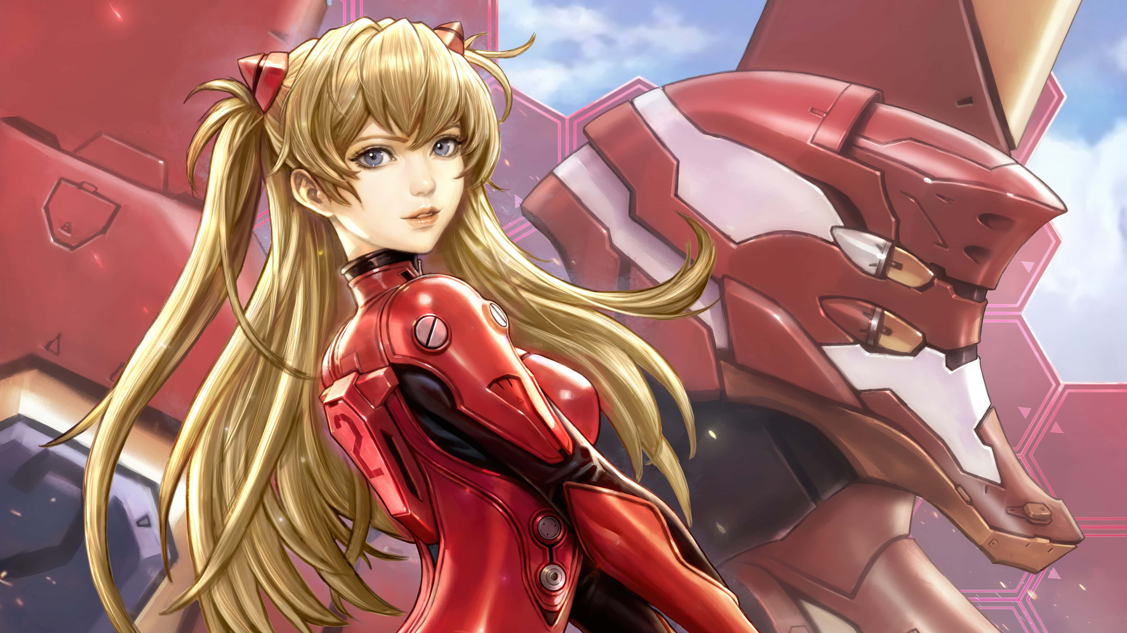 evangelion 4K 桌布 壁紙 — 一個金髮動漫女孩穿著紅色插頭服，站在高聳的紅色生物機械巨人旁邊，背景是陰天。