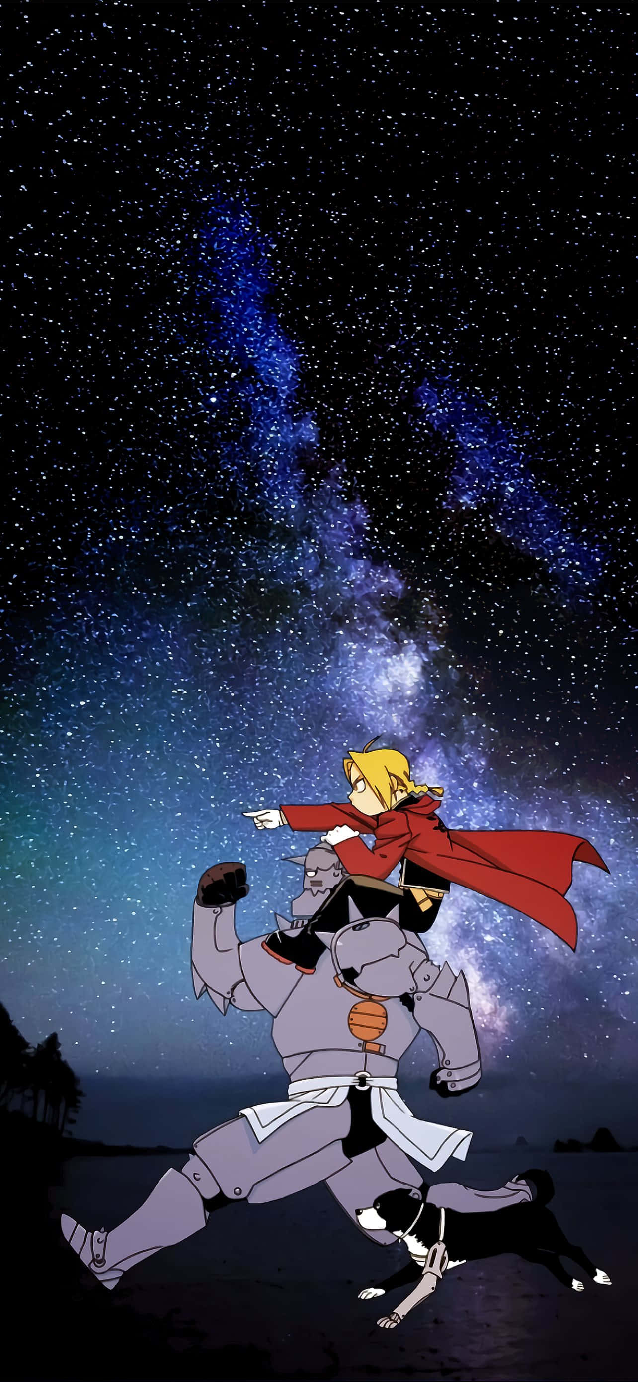動漫 桌布 壁紙 — 一個金髮動漫女孩穿著紅色斗篷，在星空下騎著巨型裝甲機器人，旁邊有一隻狗在奔跑。