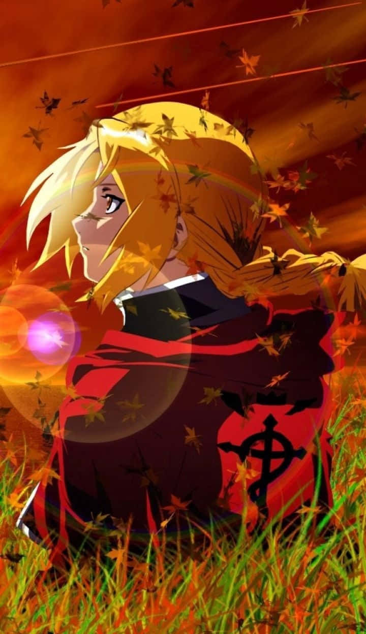 Fullmetal Alchemist 桌布 壁紙 — 一個金髮動漫女孩穿著紅色斗篷站在秋天的草地上，楓葉在她周圍旋轉，天空火紅橙色。