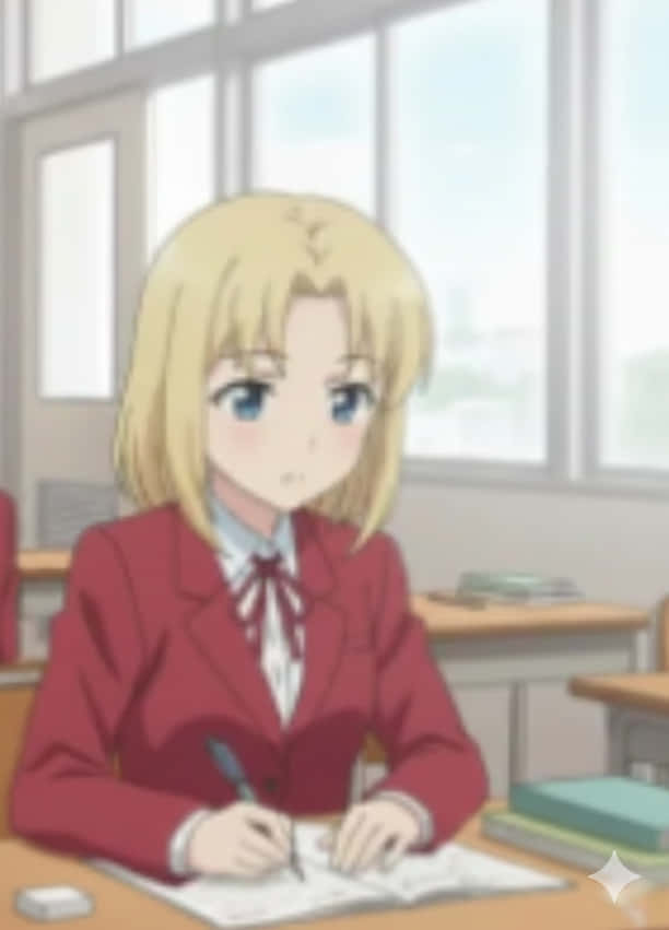 Blonde Anime Girl 桌布 壁紙 — 一個金髮動漫女孩穿著紅色校服，在一個有大窗戶的明亮教室裡寫字。