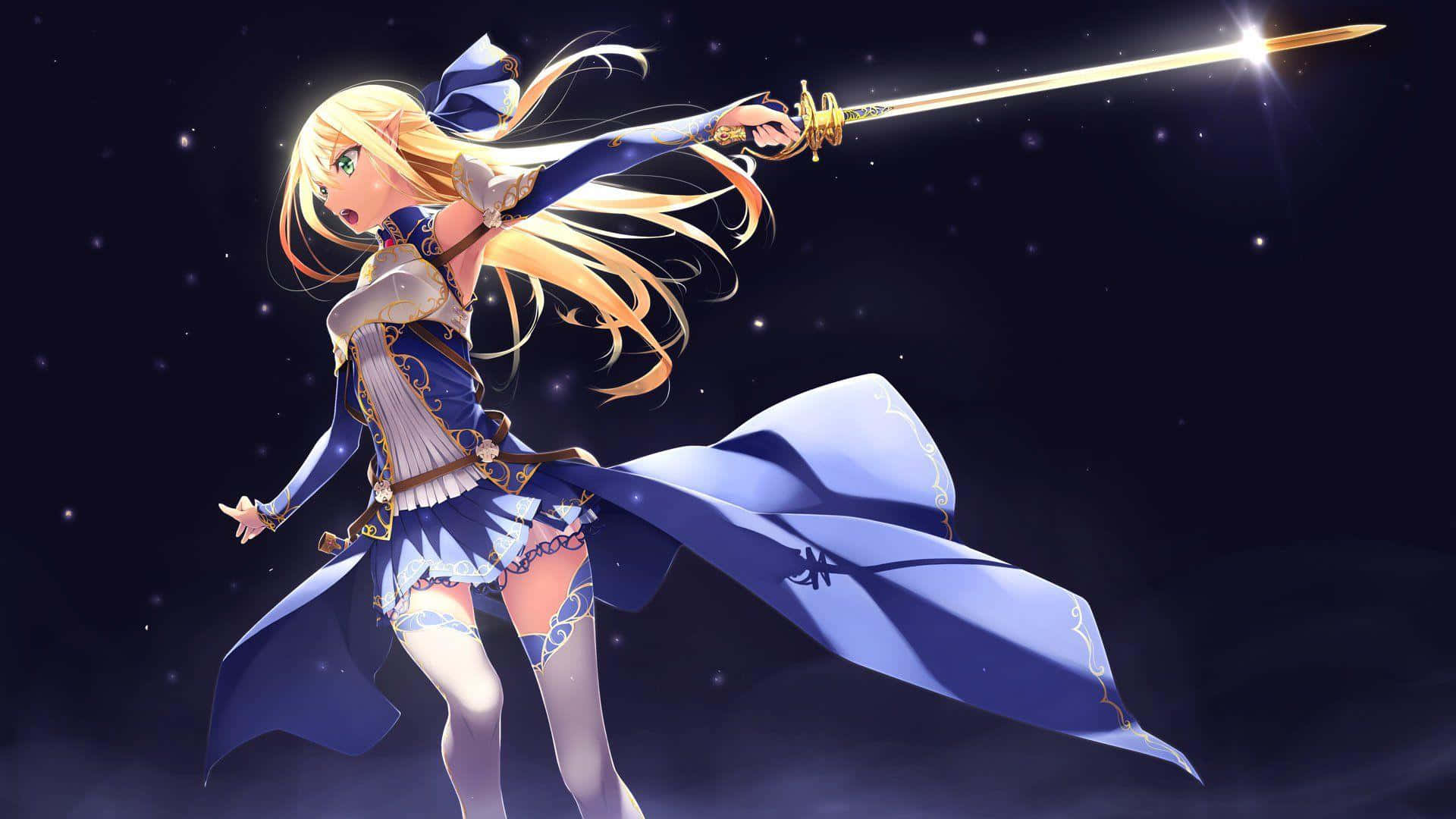 sword 桌布 壁紙 — 一個金髮動漫女孩穿著藍色盔甲，揮舞著發光的劍，背景是繁星點點的夜空，披風飄揚。