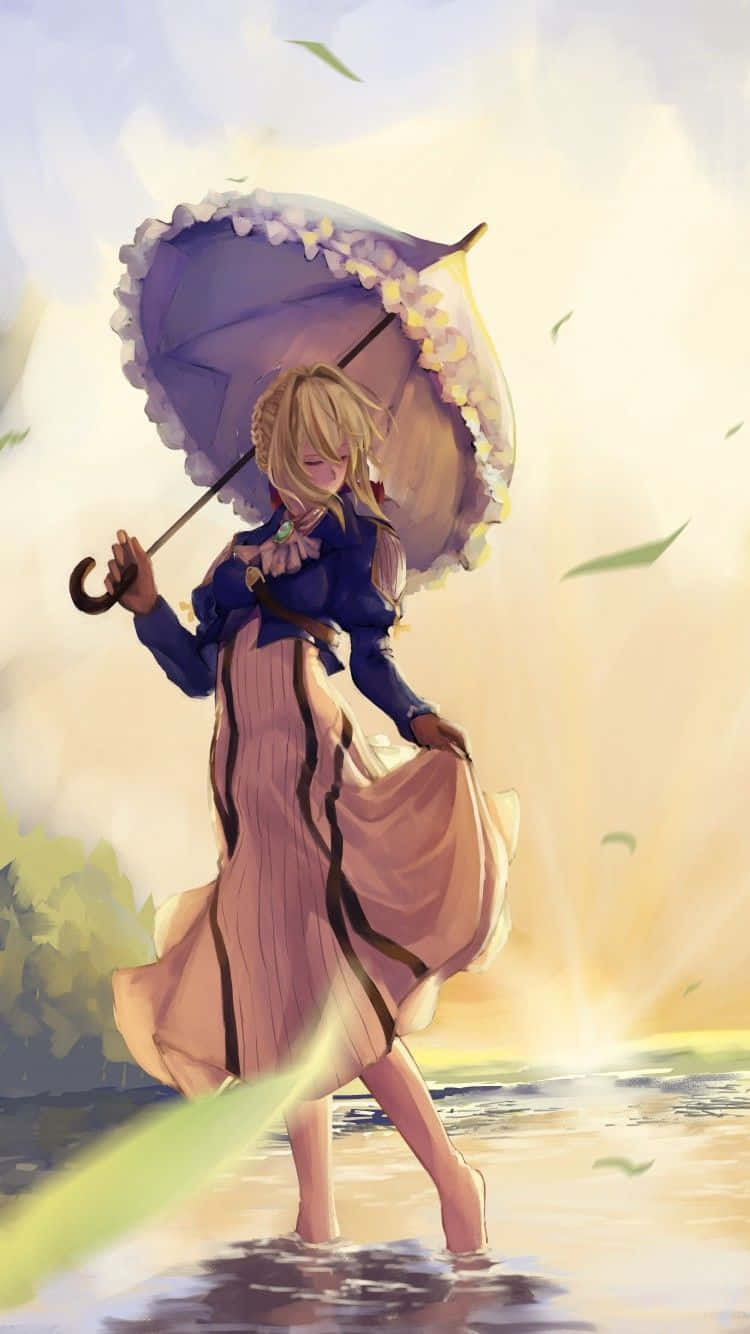Violet Evergarden iPhone 桌布 壁紙 — 一個金髮動漫女孩穿著藍色連衣裙，手持紫色花卉雨傘，在淺水中涉水，樹葉在溫暖的金色光芒中飄動。