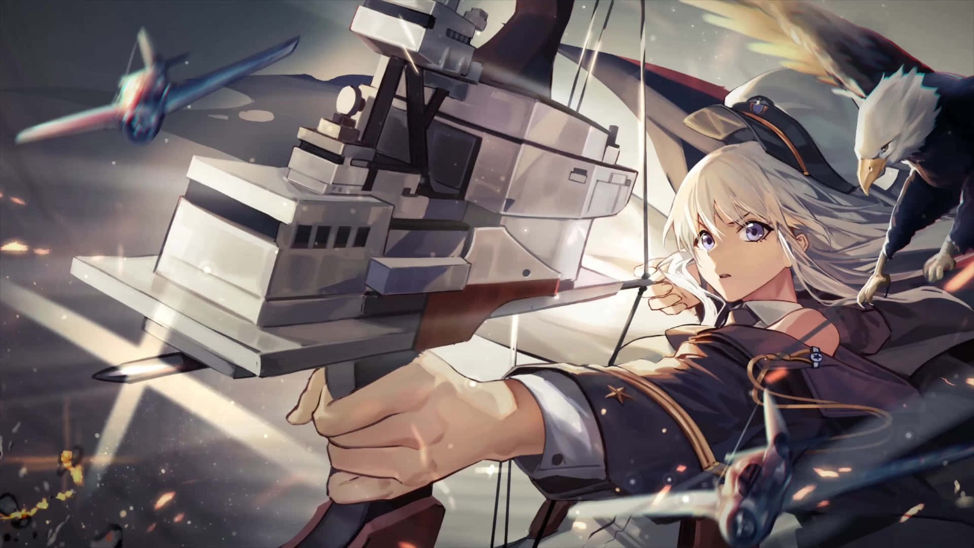 Azur Lane 桌布 壁紙 — 一個金髮動漫女孩穿著軍服，瞄準一把大槍，一隻鷹棲息在她身後，戰鬥機在動態戰鬥場景中飛翔。