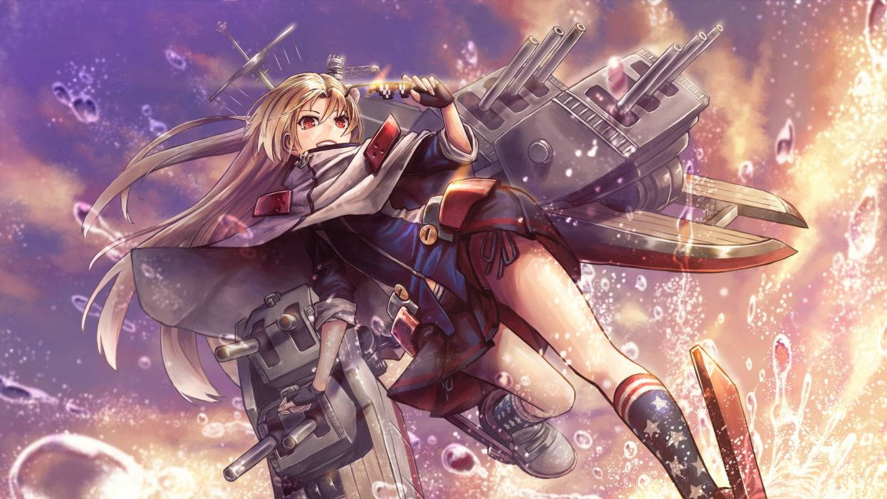 Lane 桌布 壁紙 — 一個金髮動漫女孩穿著軍服，騎著戰艦穿過閃爍的紫色和橙色天空。