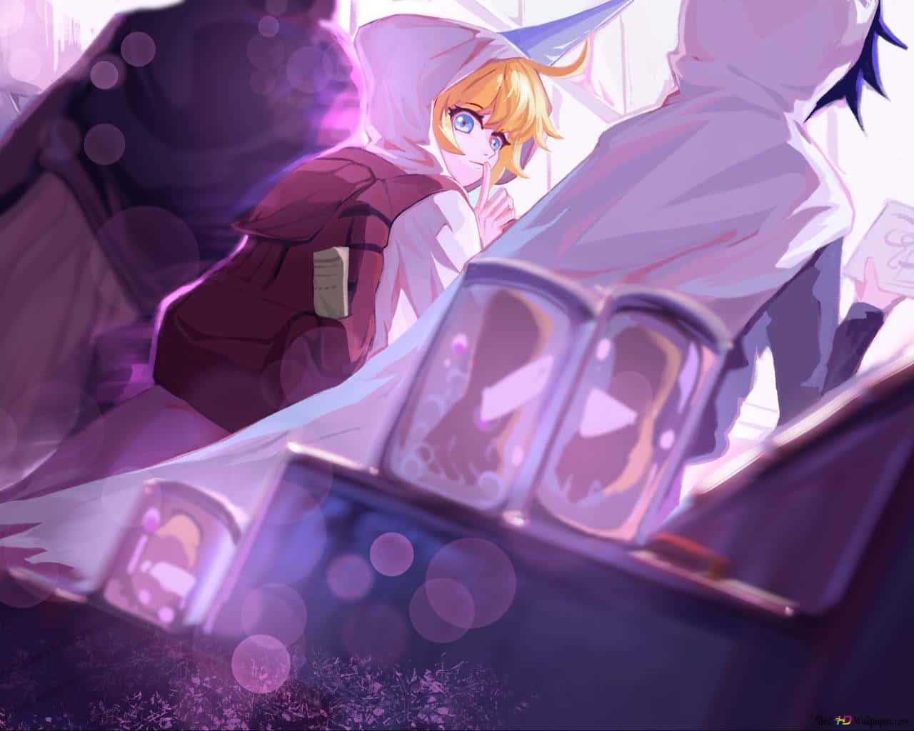 Ray The Promised Neverland 桌布 壁紙 — 一個金髮動漫女孩穿著連帽衫，在夢幻柔和的光線中，好奇地從發光的紫色鋼琴鍵盤後面探出頭來。