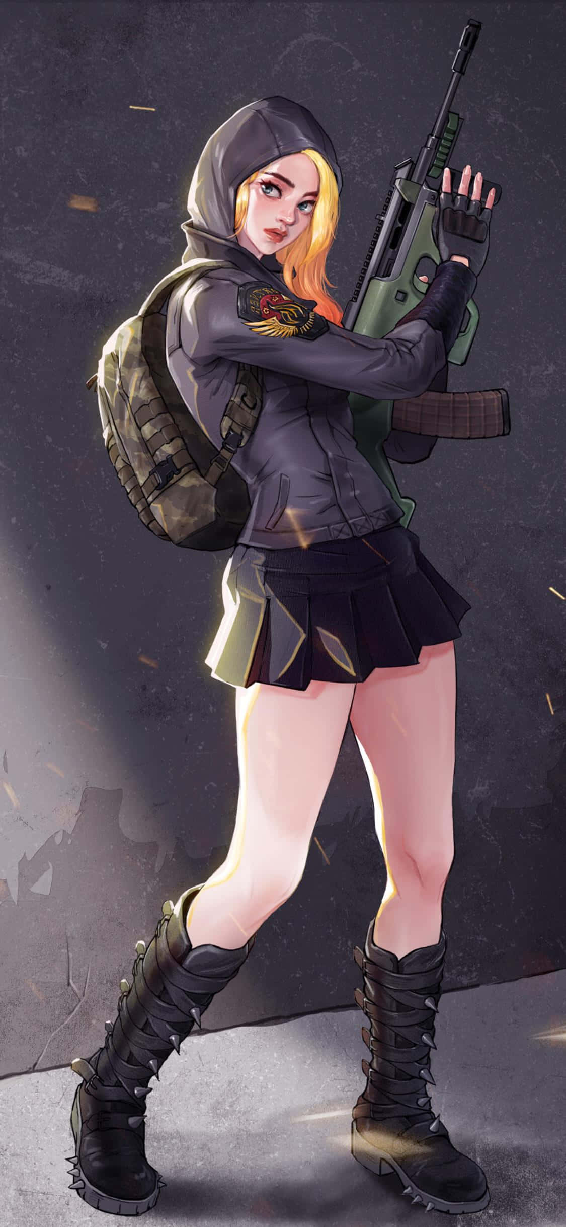Pubg iPhone 桌布 壁紙 — 一個金髮動漫女孩穿著連帽衫和裙子，在 gritty 的城市環境中手持步槍，周圍火花四濺。
