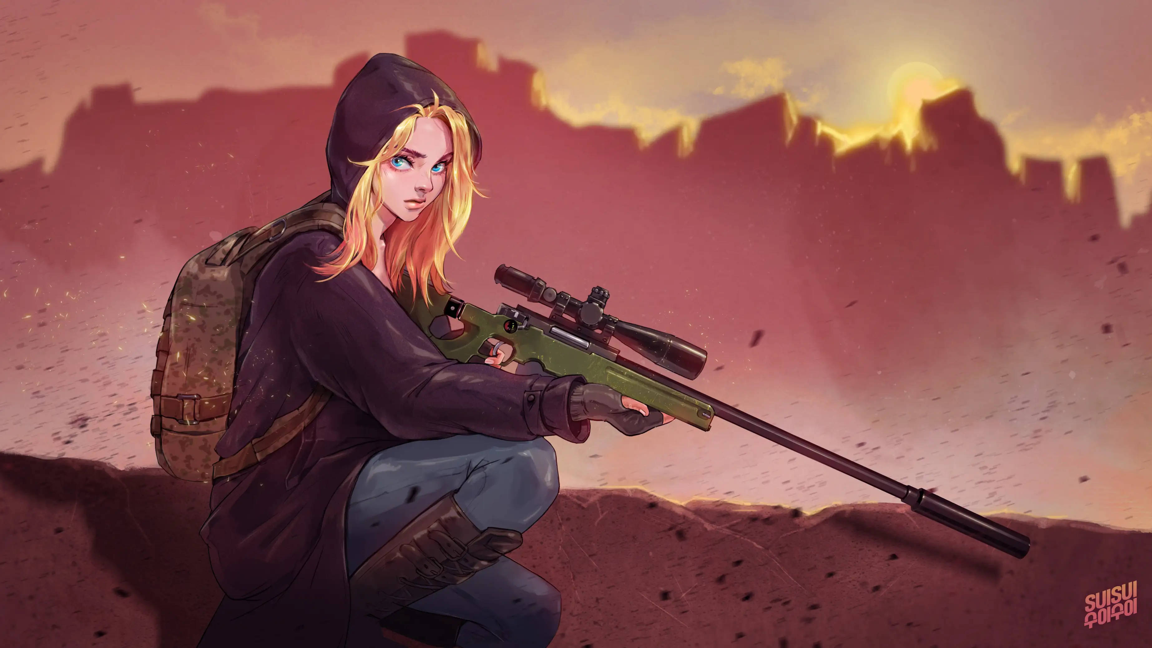 Playerunknown's Battlegrounds 桌布 壁紙 — 一個金髮動漫女孩穿著連帽衫在沙漠中蹲下，在日落時手持狙擊步槍。