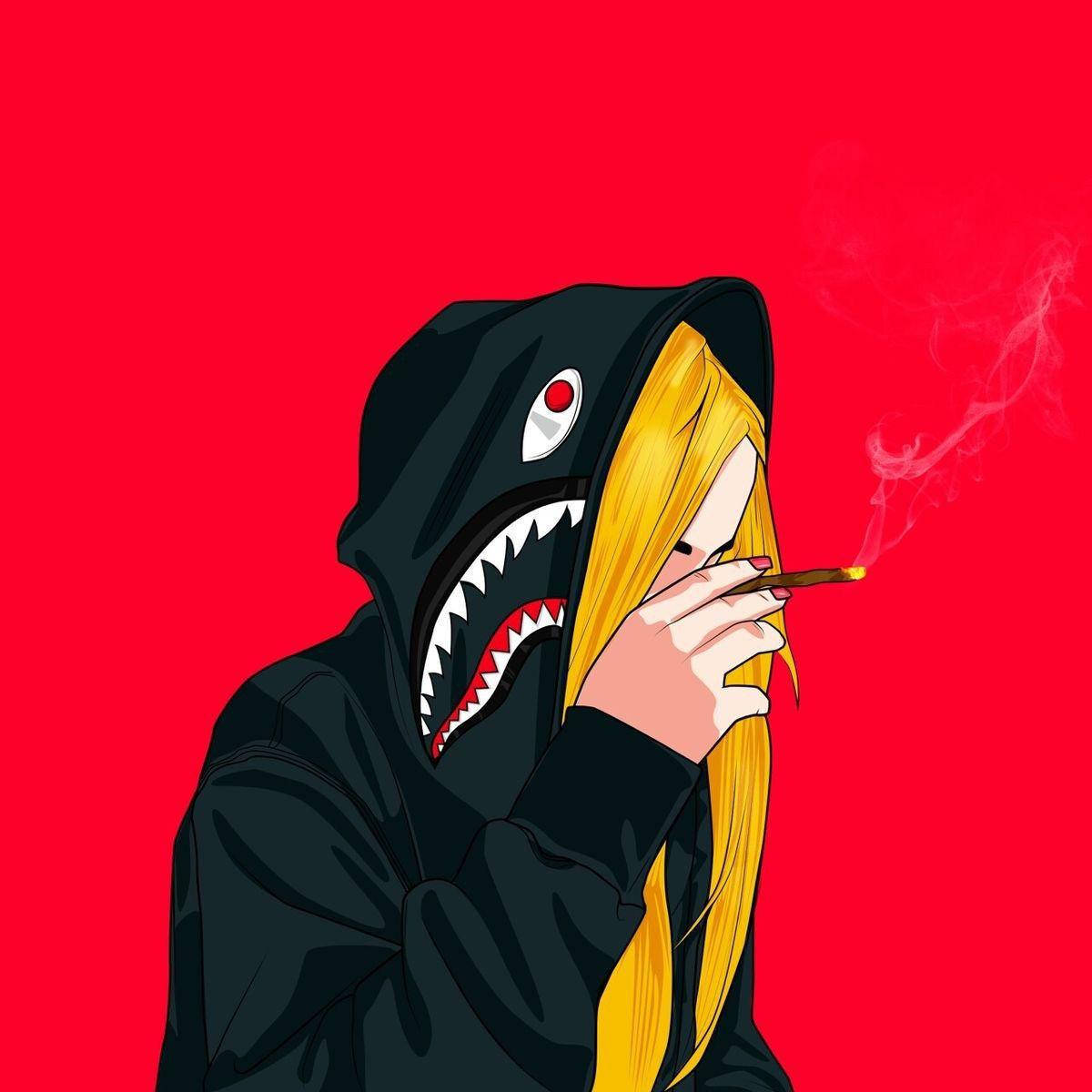Bape 動態 桌布 壁紙 — 一個金髮動漫女孩穿著鯊魚嘴連帽衫，在鮮紅色背景下吸食大麻煙。