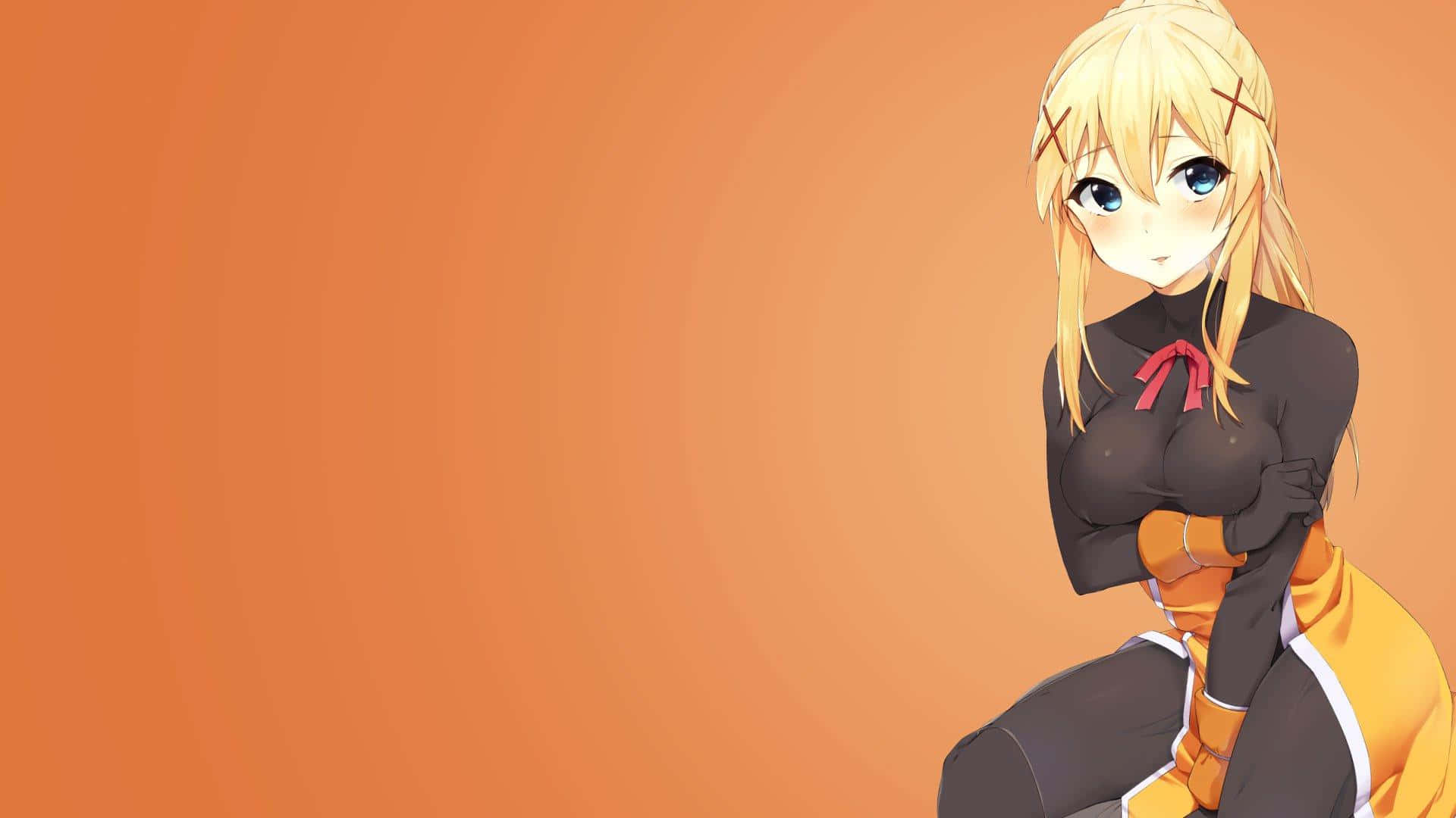 Konosuba 桌布 壁紙 — 一個金髮動漫女孩穿著黑色和橙色的服裝，在純橙色背景前自信地擺姿勢。
