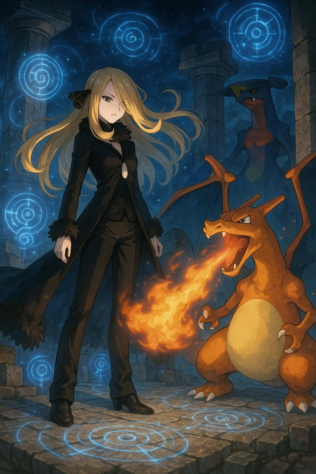 Charizard Pokemon HD Wallpaper WEBP 4K Background Download 壁紙 — 一個金髮動漫女孩穿著黑色外套，站在星光廢墟中，旁邊是火焰噴射的噴火龍，還有發光的藍色符文。