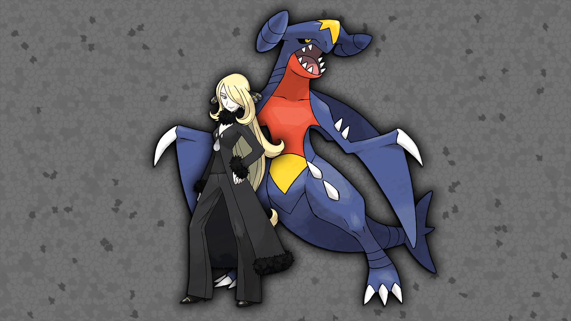 Garchomp 桌布 壁紙 — 一個金髮動漫女孩穿著黑色服裝，站在一隻咆哮的藍紅龍旁邊，帶有黃色點綴，背景是灰色裂紋。