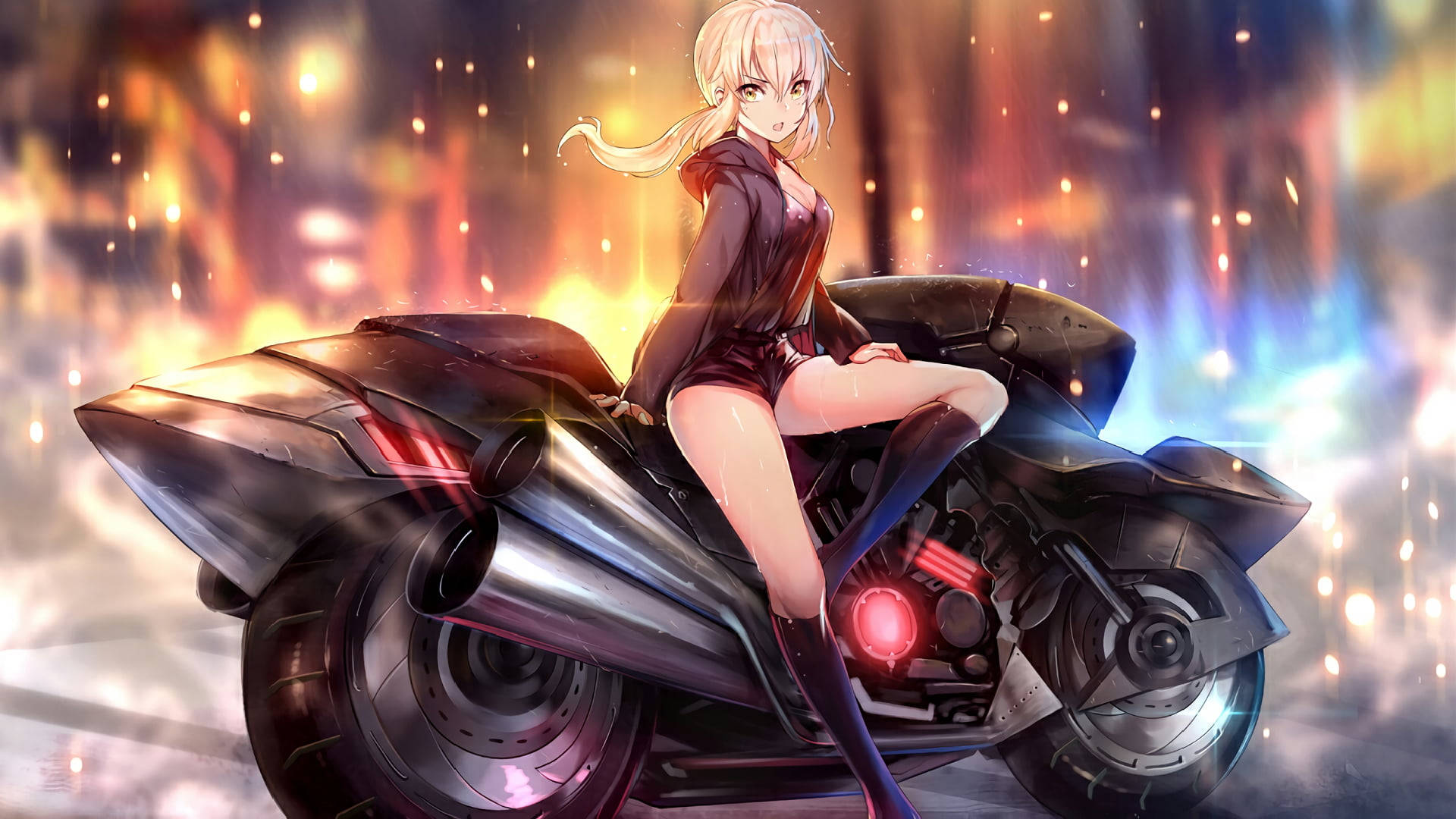 seductive 桌布 壁紙 — 一個金髮動漫女孩穿著黑色服裝，自信地坐在一輛時尚的未來摩托車上，背景是充滿活力的霓虹城市。