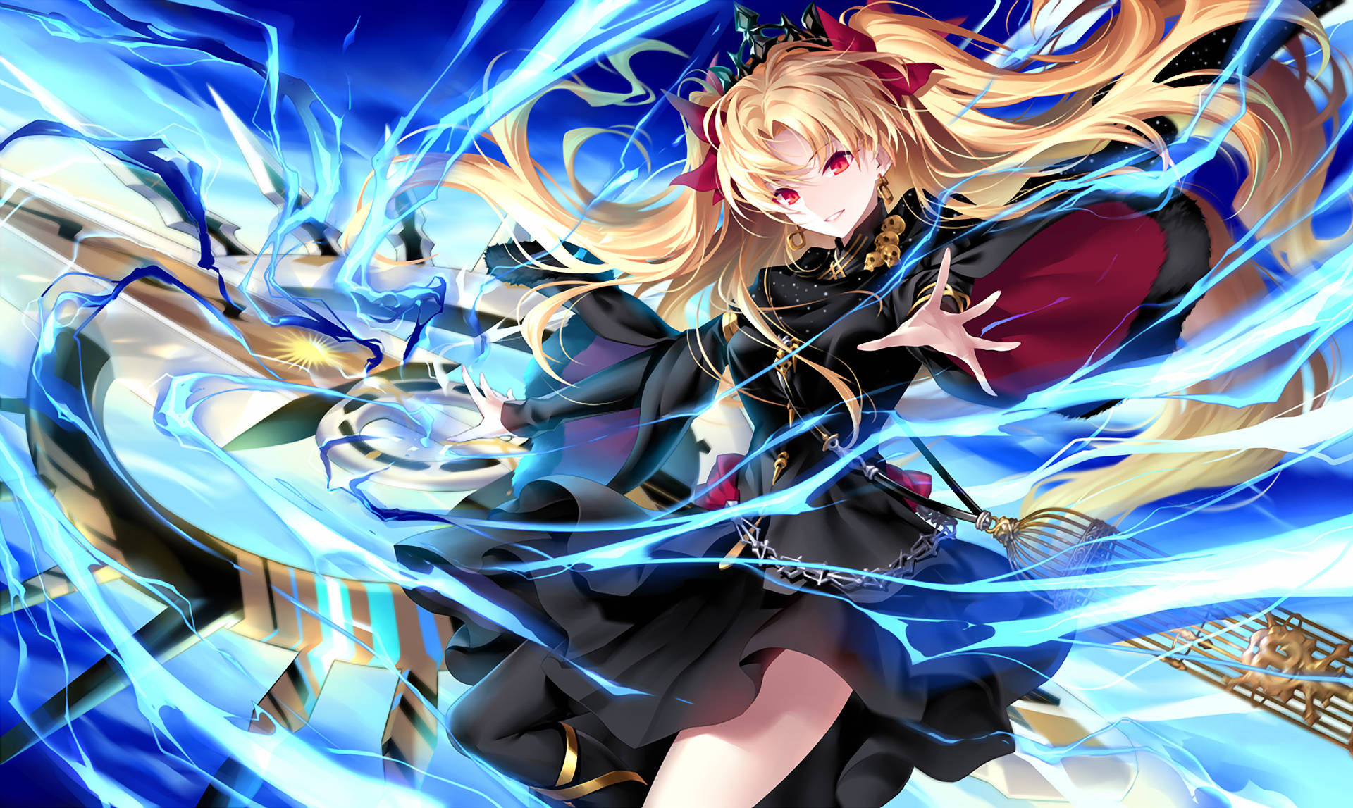 Fate Grand Order 桌布 壁紙 — 一個金髮動漫女孩穿著黑色連衣裙，以動態動作和發光效果釋放出充滿活力的藍色能量。