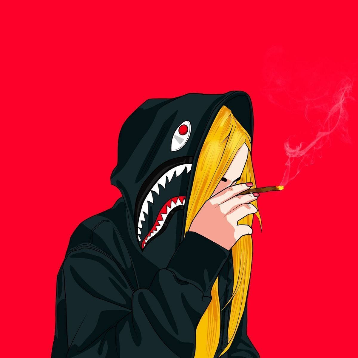 Black Hoodie 桌布 壁紙 — 一個金髮動漫女孩穿著黑色鯊魚連帽衫，在鮮紅色背景前抽大麻煙。
