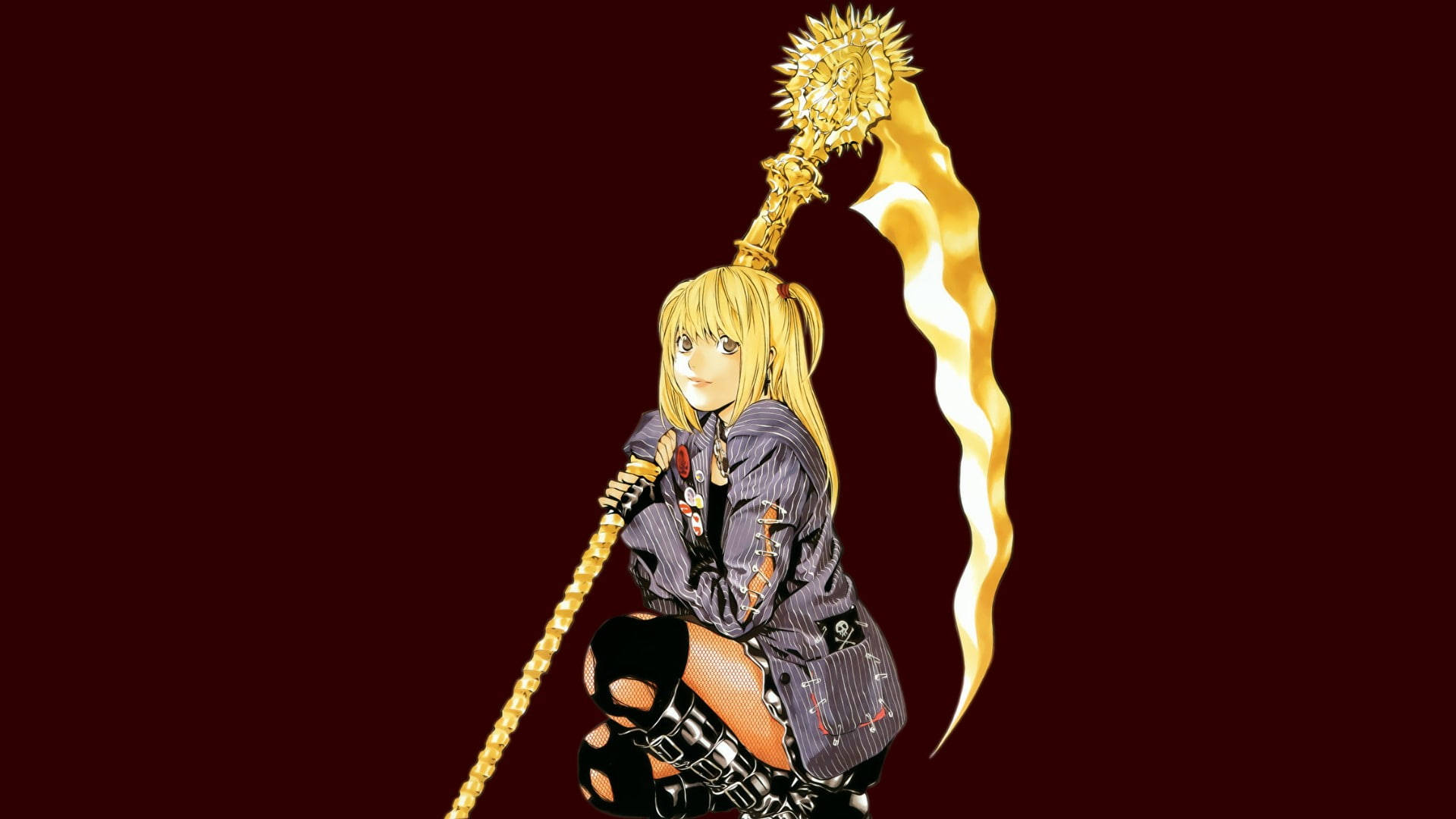Misa 桌布 壁紙 — 一個金髮動漫女孩跪著，手持金色尖刺法杖，背景為深紅色。