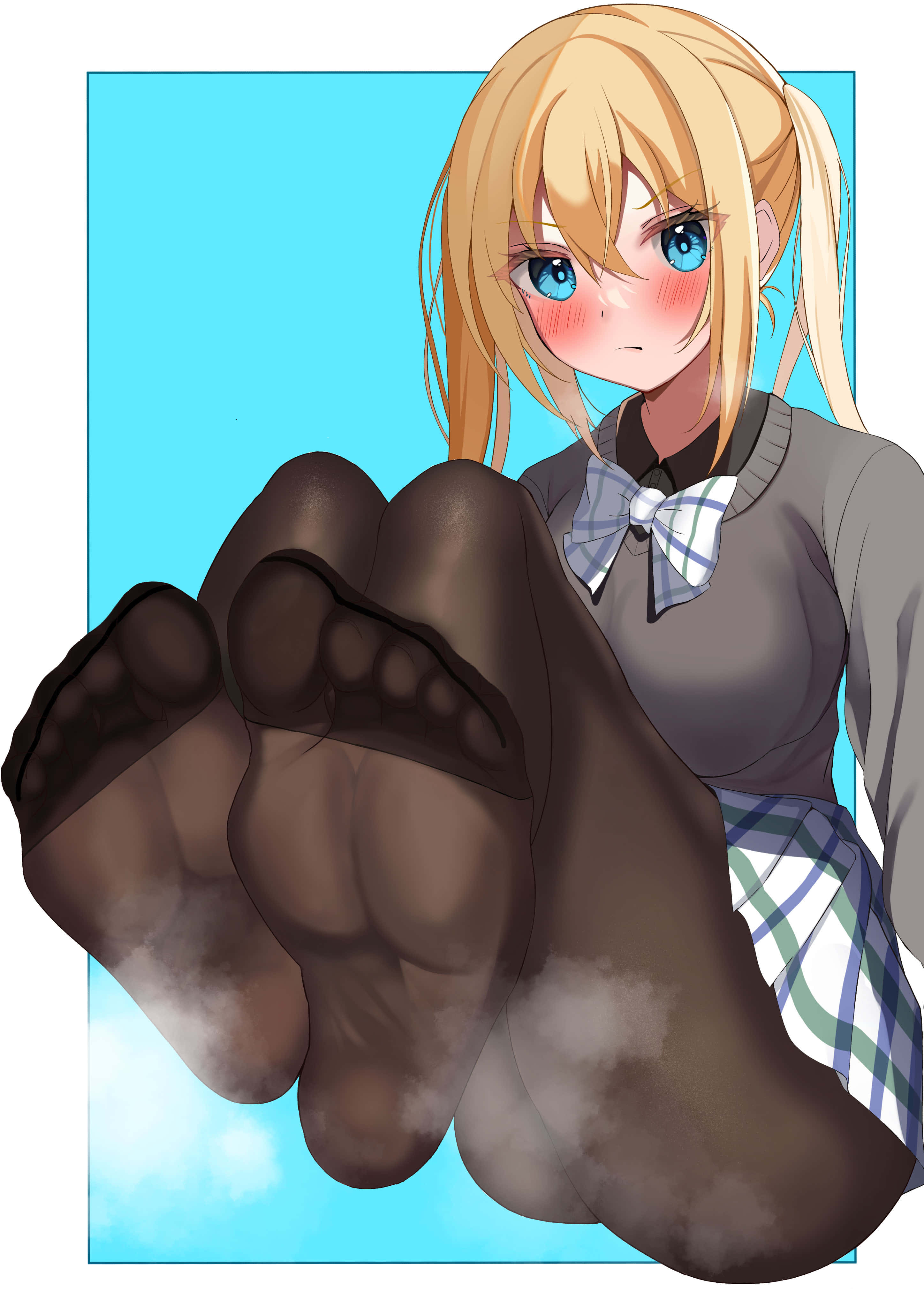 Stockings 桌布 壁紙 — 一個金髮動漫女學生穿著校服，臉頰通紅地凝視著她巨大肌肉的腳出現在面前。